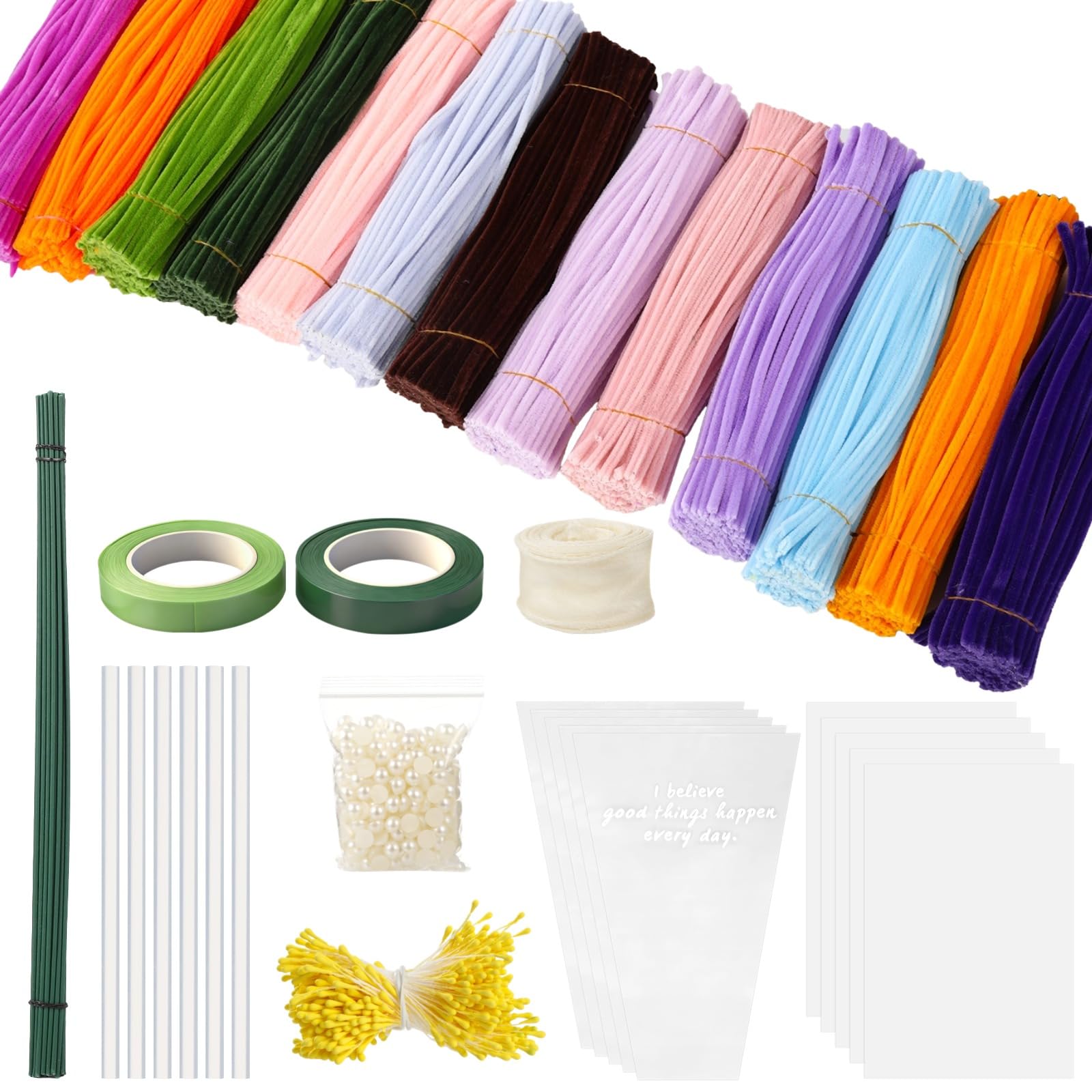Selvotran Lot de 1300 cure-pipes, tiges chenille en 13 couleurs, 30 tiges florales, 2 rouleaux de ruban floral, autocollants perles et étamines, tiges pliables de 11,8 in pour projets DIY