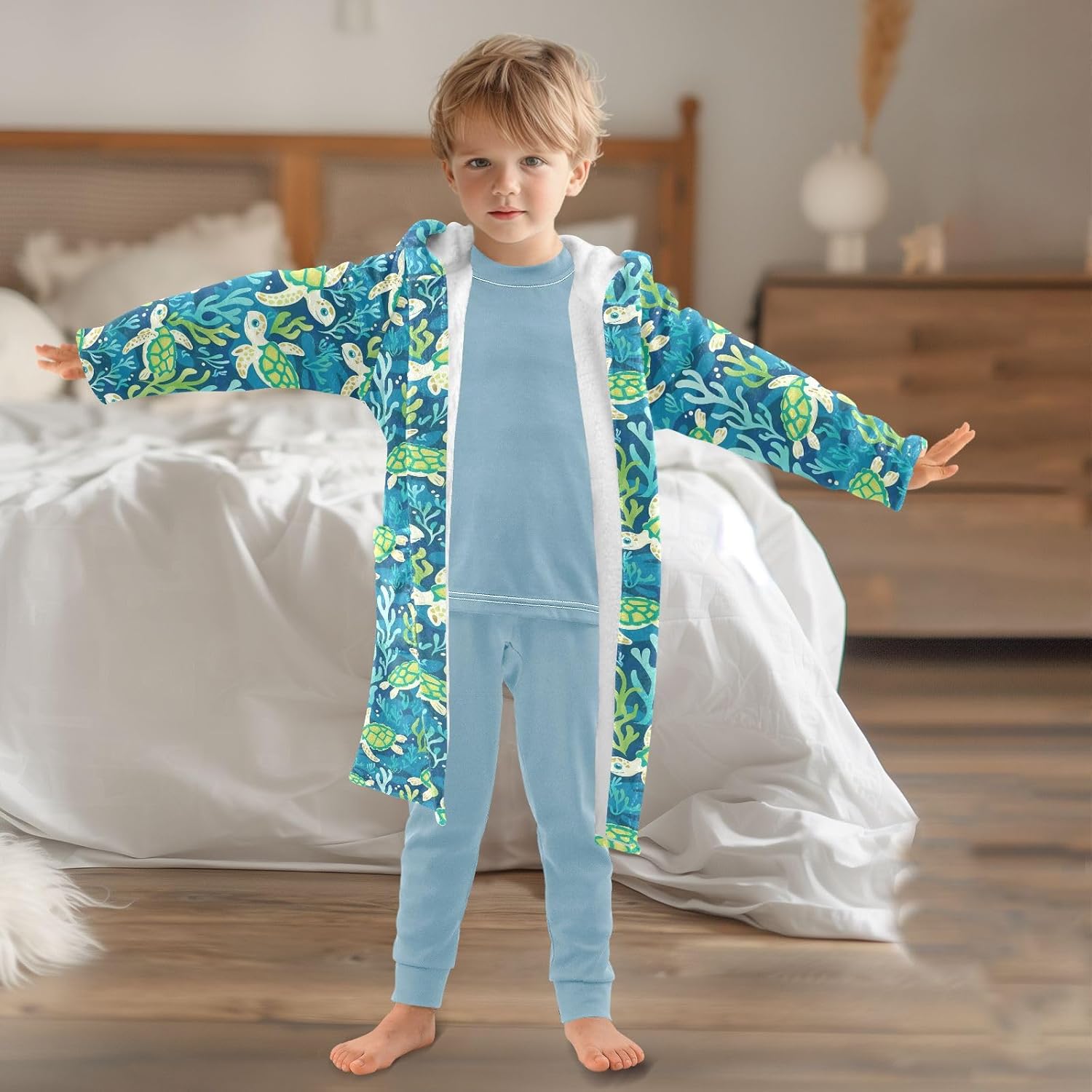 senya Seaweed Turtles Toddler Hooded Bathrobe Kids Soft Plush Bath Towel Robes for Boys Girls 2-12 Years