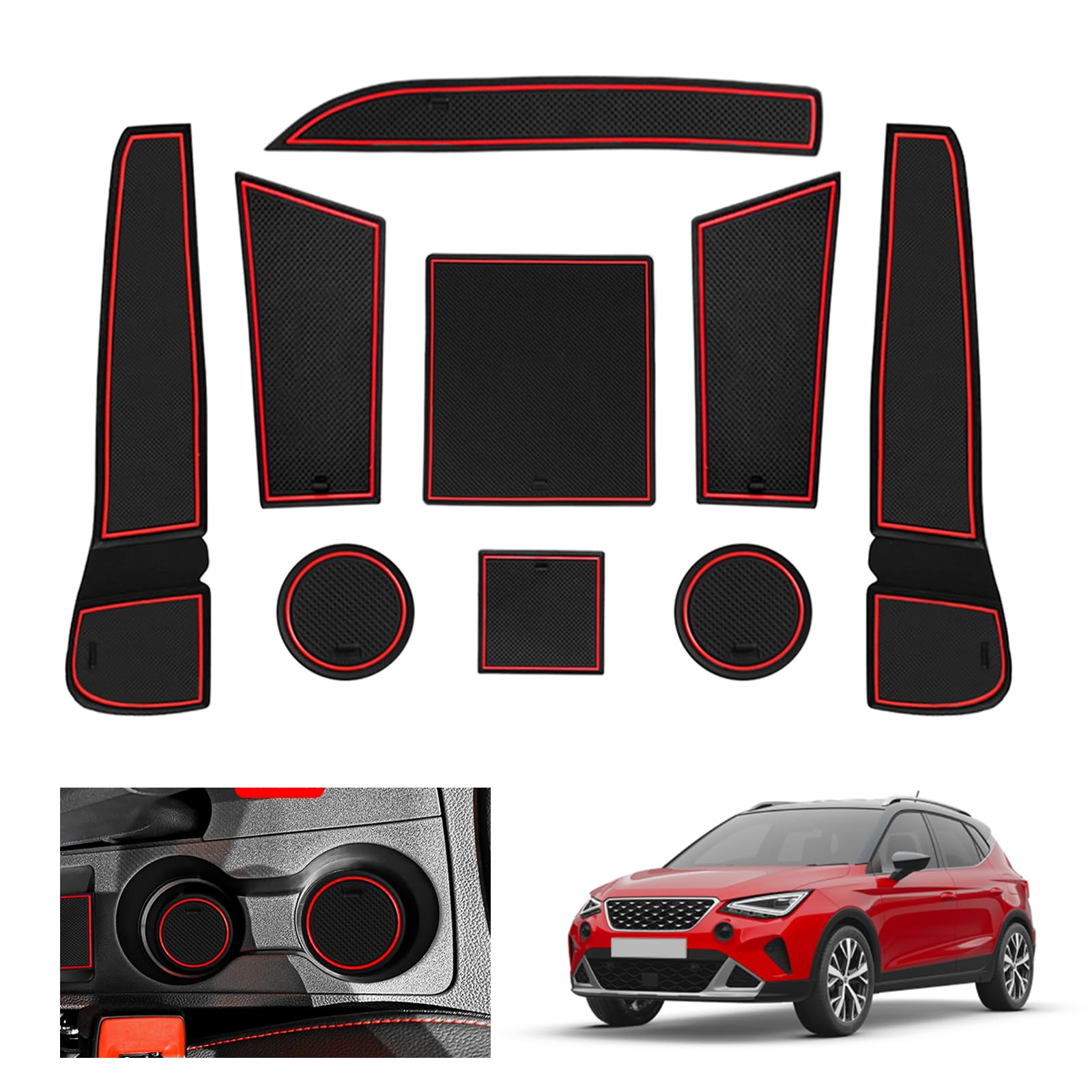 GAFAT Seat Arona/Seat Ibiza 6F KJ1 Facelift 2017-2024 2025 Tappetini Antiscivolo, Seat Ibiza 6F Tappetino in Gomma, Non Scivolano, Console Centrale, Cuciture Porte, Accessori Seat Arona (Rosso)