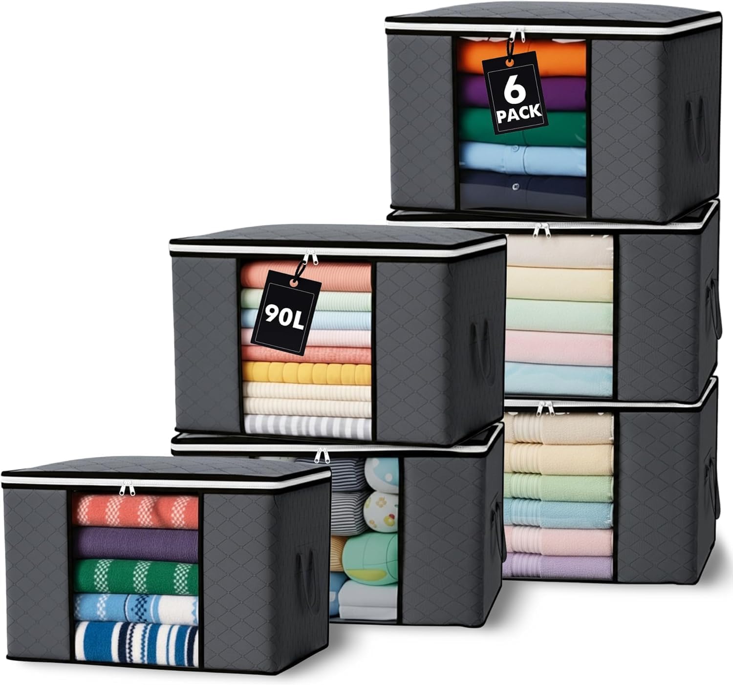SKY-TOUCH 6 Pack Large Capacity Storage Bags, 90L Foldable Clothing Storage Bags Organizer with Reinforced Handle Thick Fabric for Comforters, Clothes, Blankets, Bedding,60x40 cm,Dark Grey