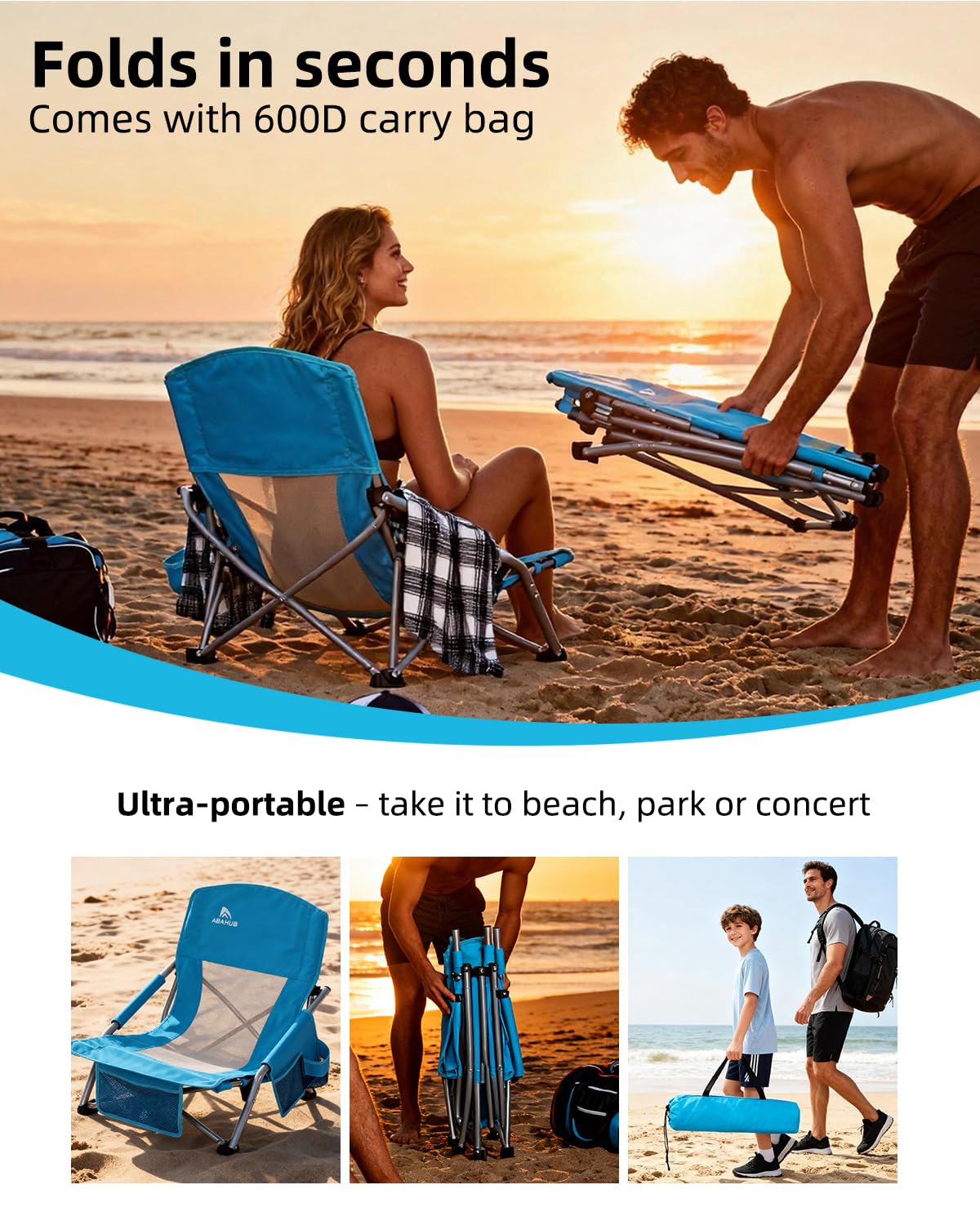 Abahub Chaise De Plage Pliable Basse Portable Legere Pliante 120Kg 2 Pièce | Aktive Chaise De Plage Pliante Ultra Légère Dossier Bas Sac De Transport Bleu