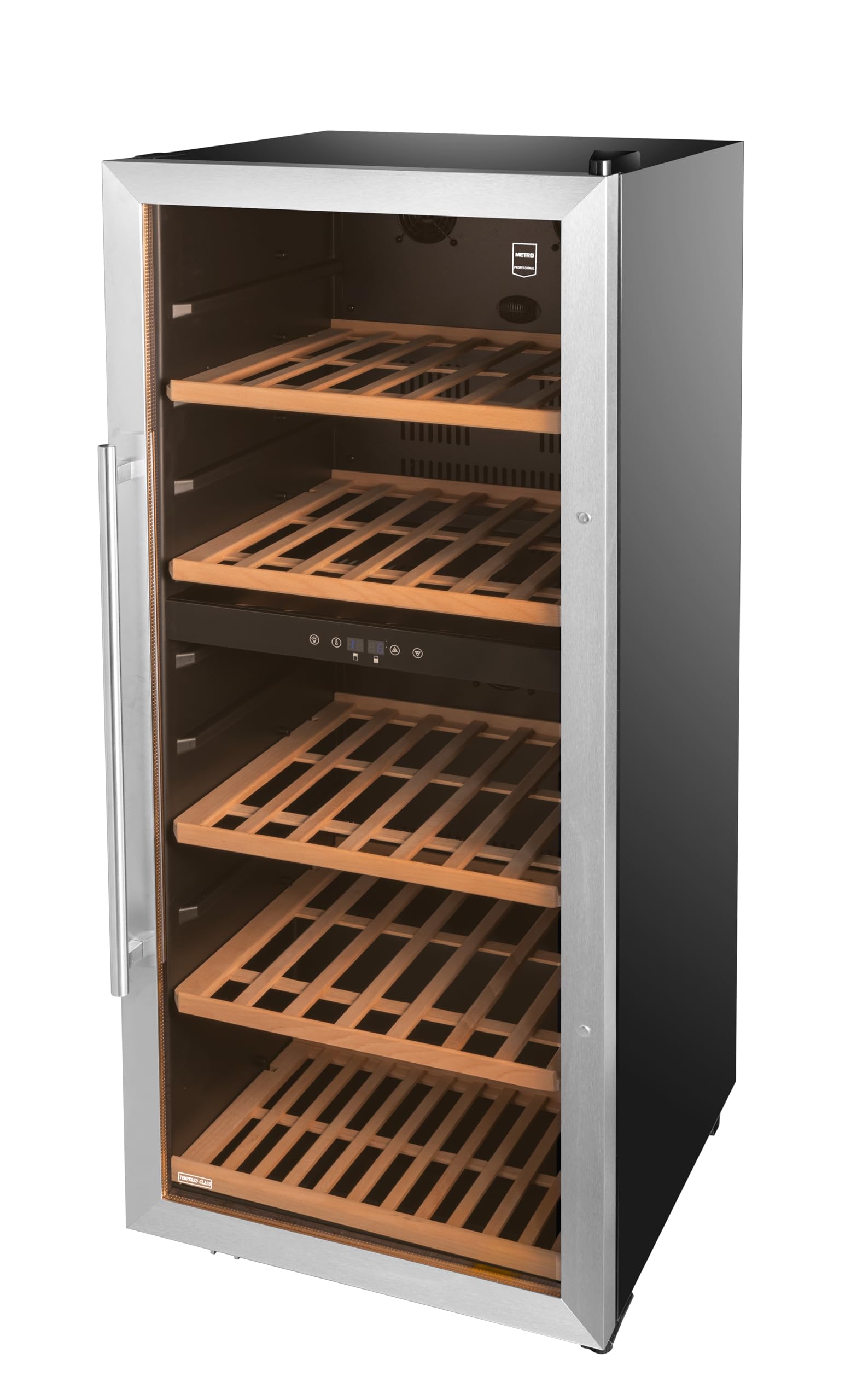 METRO Professional Cantinetta Vino Refrigerata GWC3091 | Acciaio Inox, Doppia Zona di Temperatura, 54 x 54 x 123.5 cm, 5 Ripiani in Legno, Termostato Touch e Luci a LED, da 5 a 22 °C (91 Bottiglie)