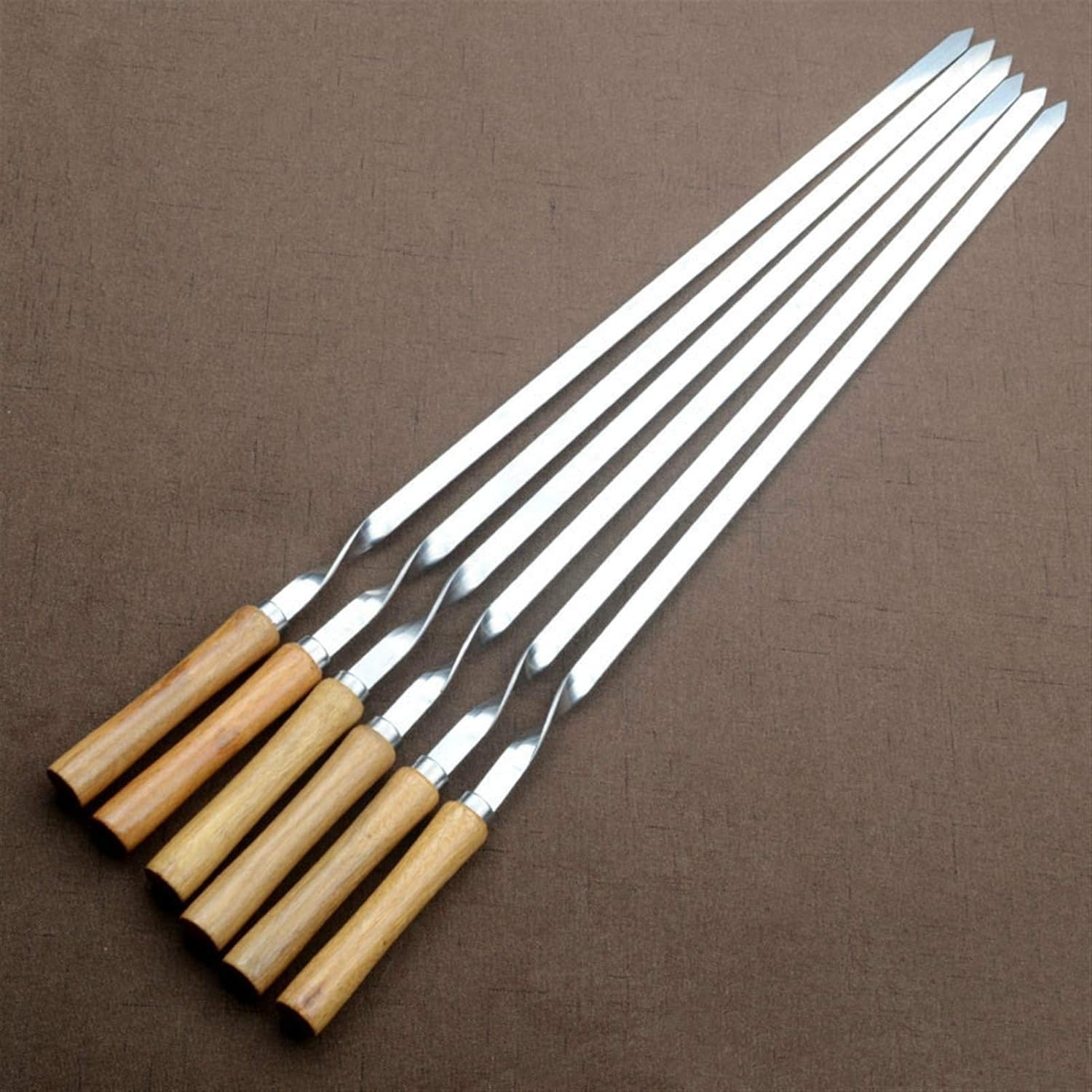 Skewers 55cm 21.5" Stainless Steel BBQ Skewers Shish Kebab Barbecue Grill Stick Wood Handle Fork Needle Long Flat Meat Set Camping Tool (Color : 6pcs)
