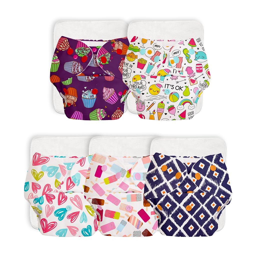 SuperBottoms BASIC Pack of 5 Freesize Adjustable, Washable and Reusable Cloth Diaper for babies 0-3 Years | One Size Adjustable Diapers (Pack of 5 diapers+ 5 inserts) Assorted prints-image-26