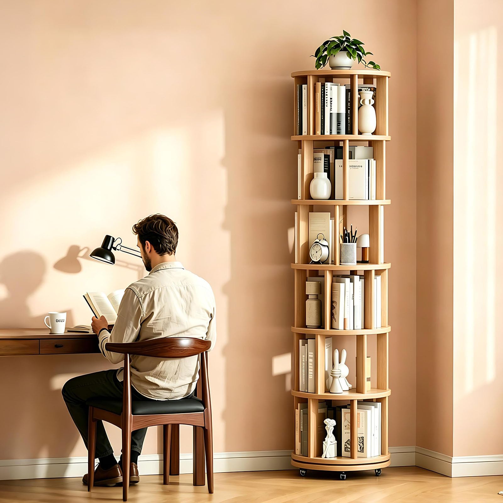 Tour d'étagères rotative en bois de 6 étages avec roues, étagères rotatives à 360° pour adultes et enfants, chambre à coucher, salon, bureau, coin, étagères rotatives naturelles (Couleur du bois brut)