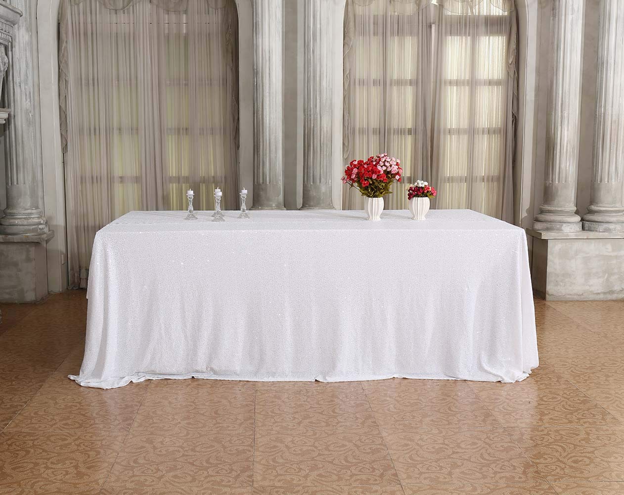 SquarePie Obrus cekinowy 150 x 250 cm, biały błyszczący stół weselny