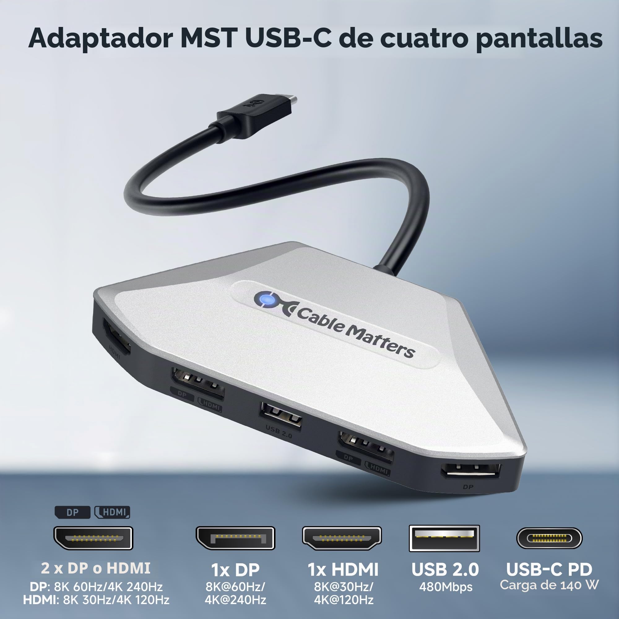 Cable Matters Adaptador MST USB-C 4K para 4 Pantallas, PD 140 W | 1x DisplayPort 2.1, 1x HDMI 2.1 y 2x puertos HDMI/DisplayPort de doble función, compatible con USB4 y Thunderbolt 4/5