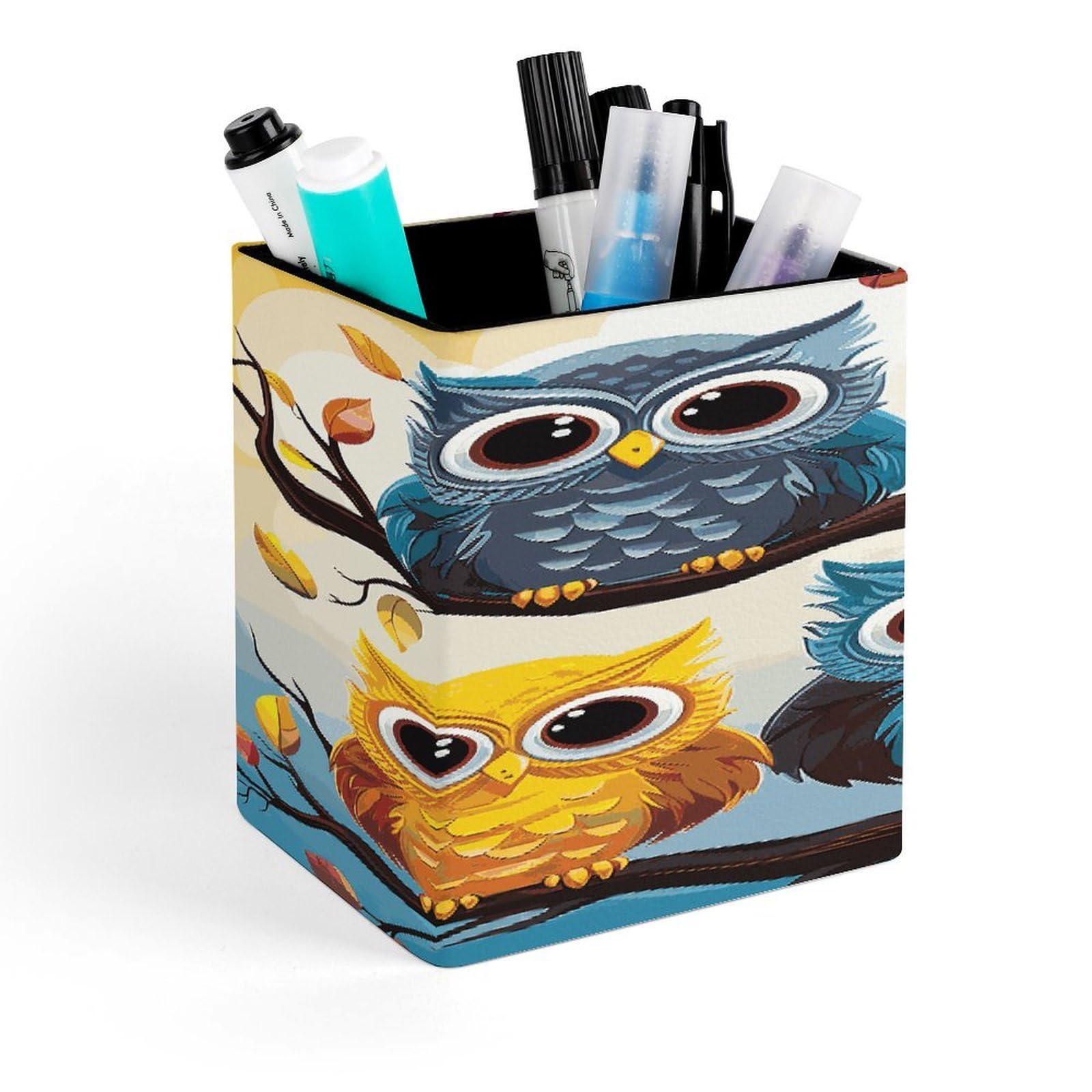 JTREHY Owls on Tree Branches Pen Holder Square Pen Pencil Holder Makeup Brush Holders Cup PU Leather Pencil Cups Desktop Caddy Stationery Organizer Case Office Accessories Container Box