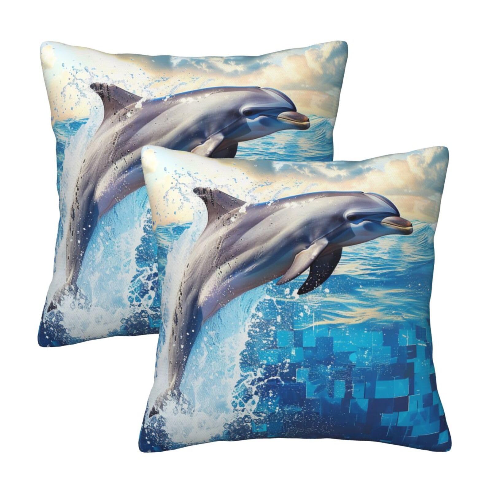 kkvhhyuo Dolphin Print Pillow Covers Set of 2, Square Decorative Cushion Covers with Hidden Zipper, Throw Pillow Cases for Living Room Sofa Bed Chair, 50x50 cm