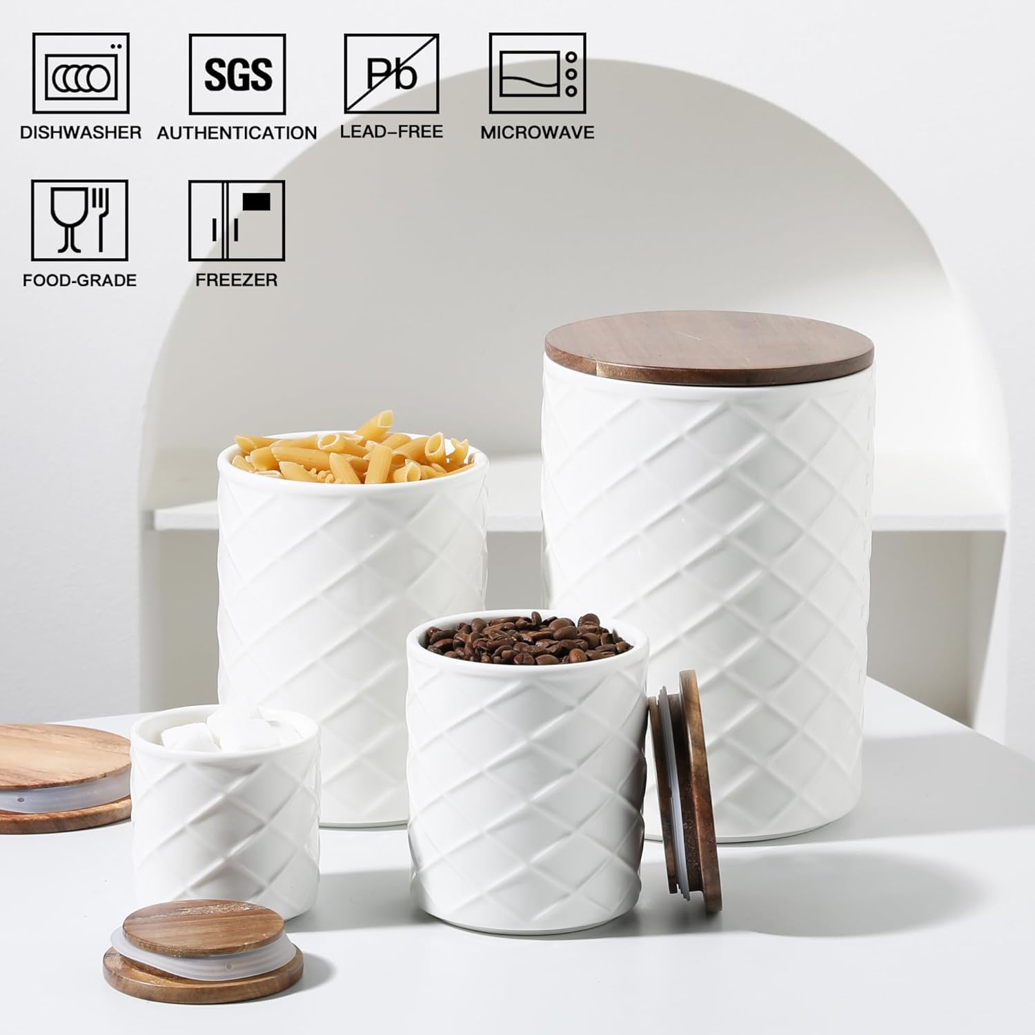 Sweejar Ceramic Canisters Sets for Kitchen Countertop, Relief Food Storage Jar with Bamboo Lid, Stackable Container for Flour, Coffee, Pasta, Cereal, Tea, Sugar, Spices, Pack of 4 (Walnut White) Walnut White Exquisite relief patterns design