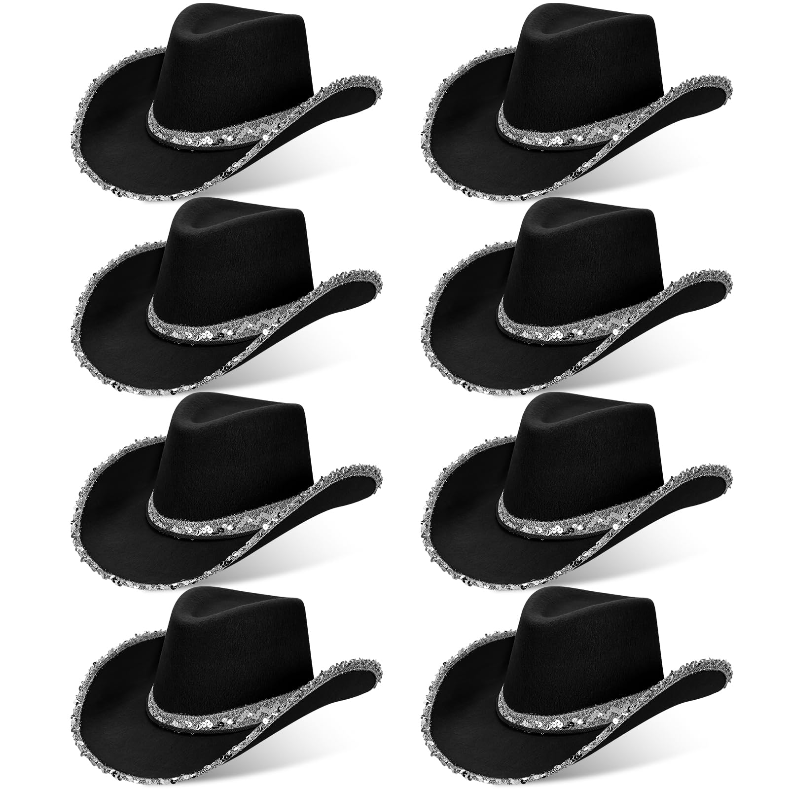 ASMIZ 8 Pack Black Sequin Cowboy Hat Bulk Western Cowgirl Hat for Ladies, Adult Texan Country Cow Boy Party Hats for Fancy Dress, Hen Party, Birthday