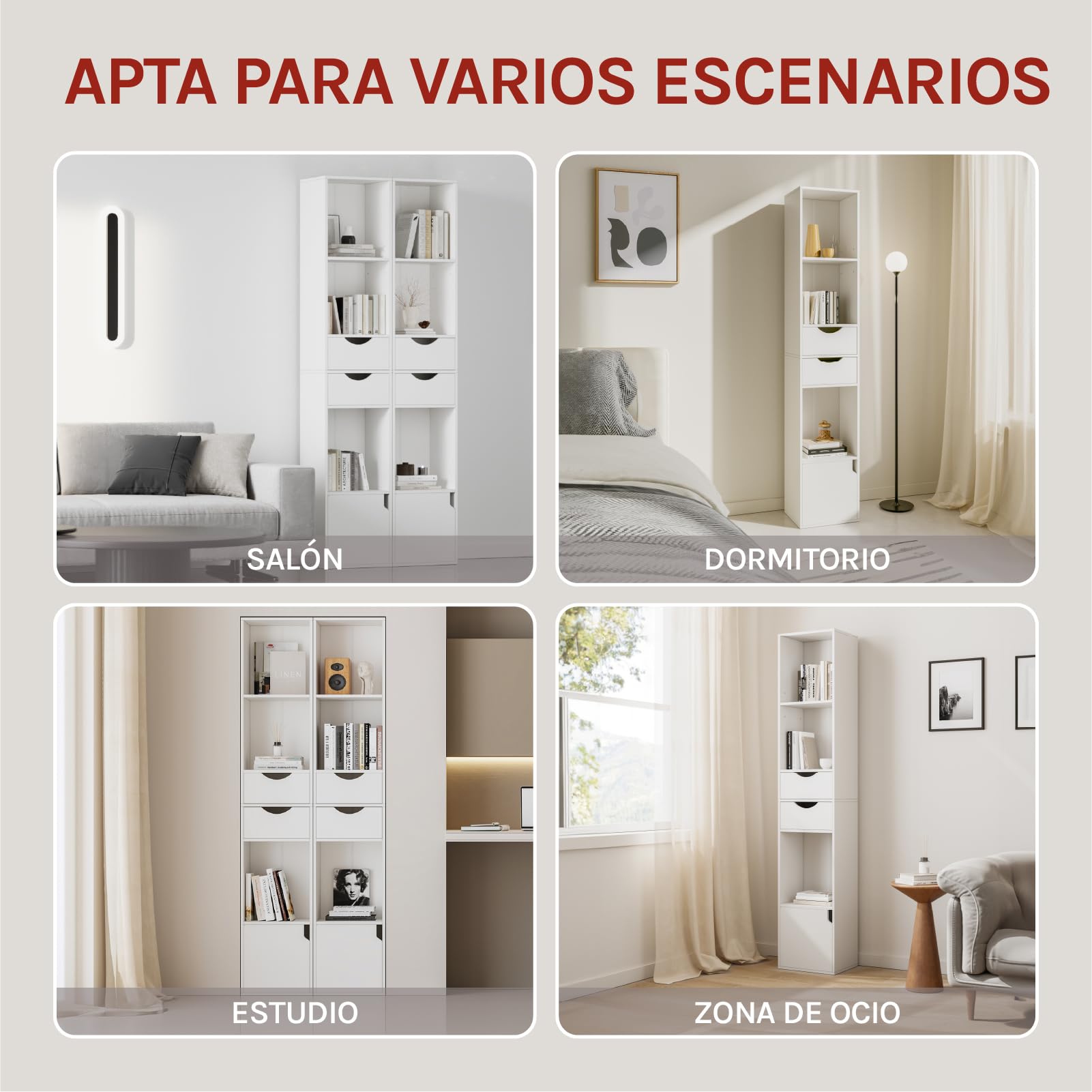 WOLTU Estantería para Libros de Pie, Librería Vertical con 3 Compartimentos Abiertos, 2 Cajones y 1 Armario, Libreria Blanca de Almacenaje para Oficina, Salón, Dormitorio, Cocina, 30x24x158cm
