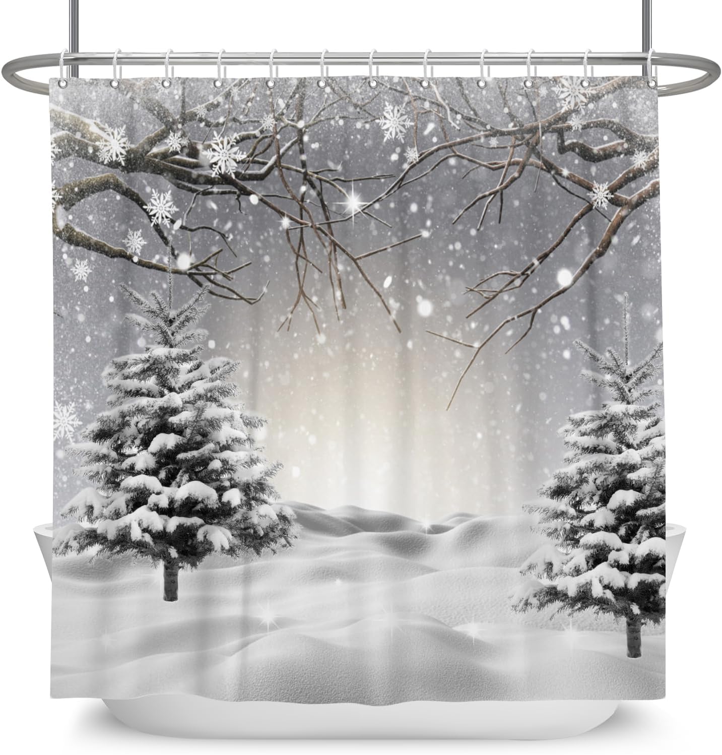 Winter Scene Shower Curtain White Snow Snowflakes Bathroom Curtain with