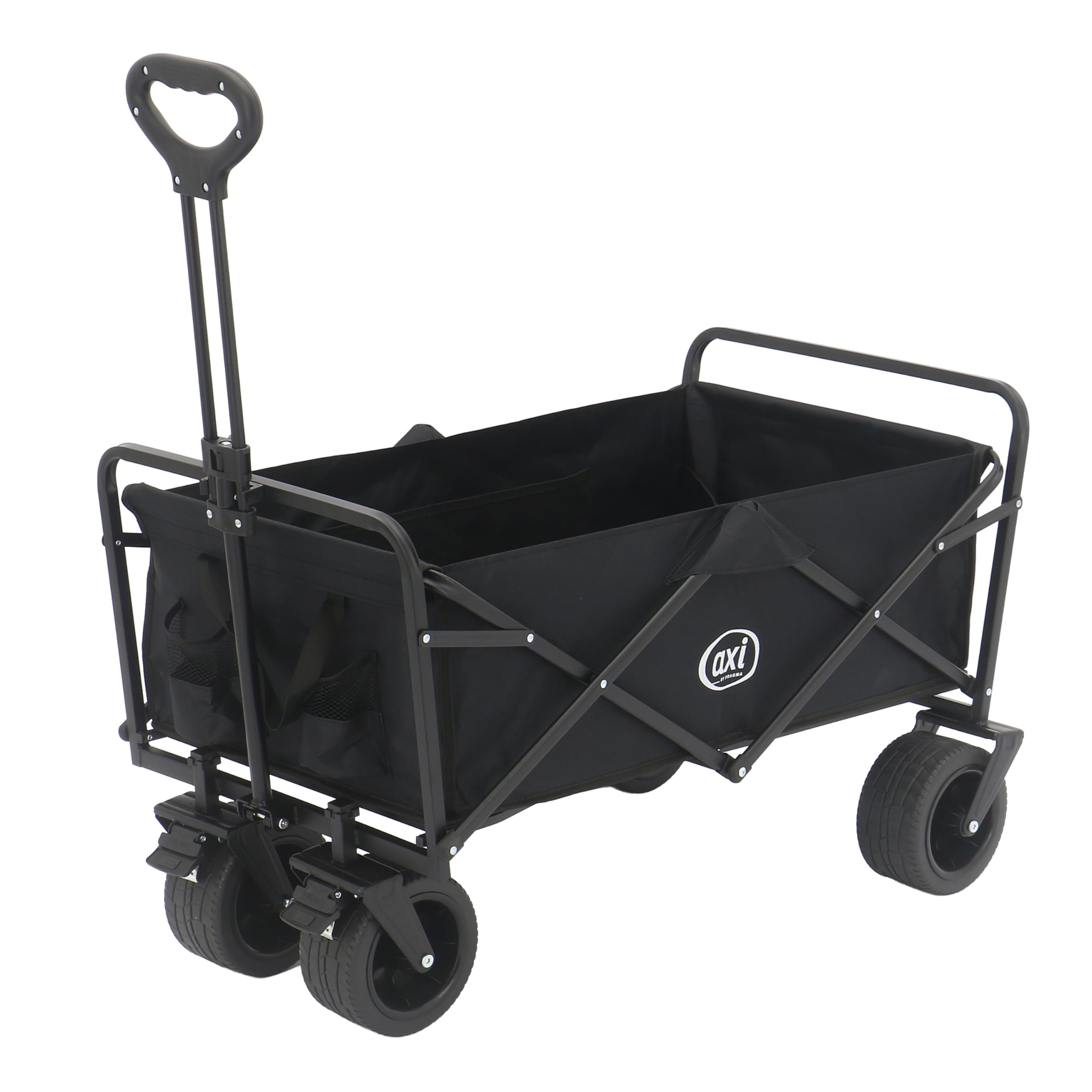 AXI SB131 Faltbarer Bollerwagen in Schwarz | Handwagen Klappbar/Faltbar mit Zugstange, Gurt, Hülle, Innentasche & Getränkehalter - PP Gummireifen | Kapazität: 100 l