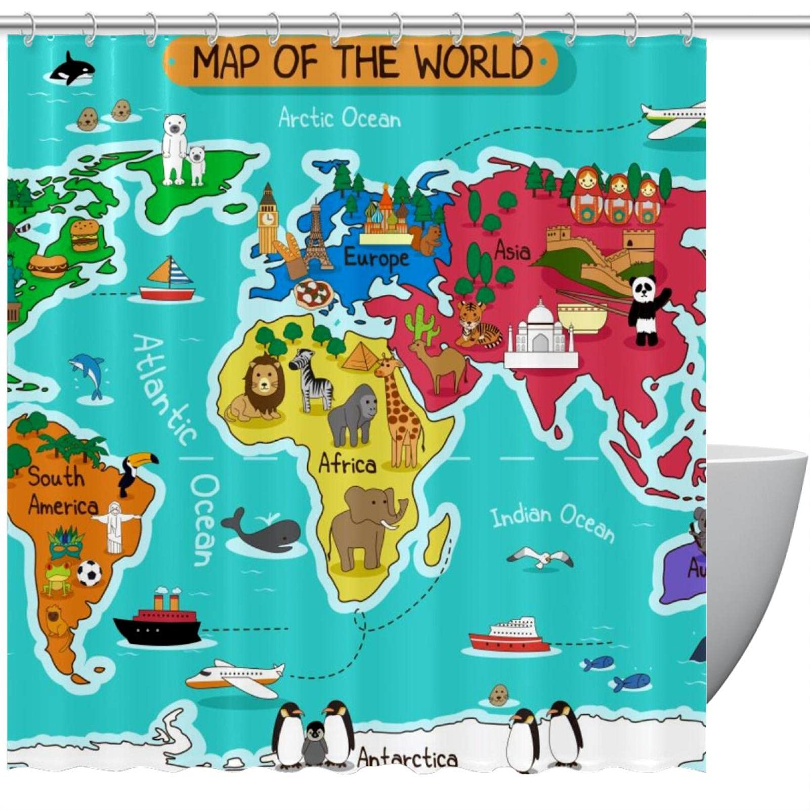 Rideau de douche motif carte du monde 183 x 183 cm en textile premium durable