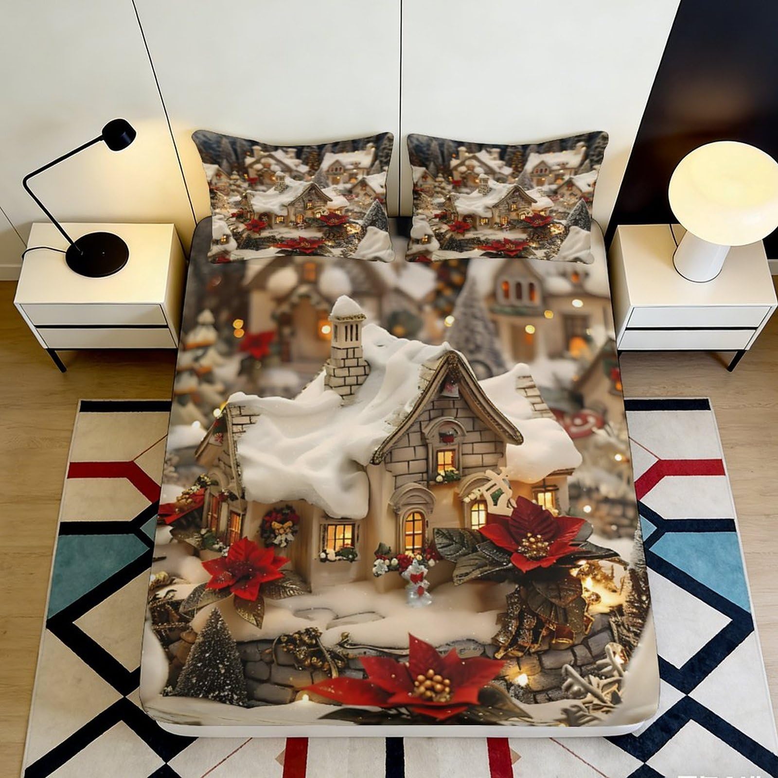 3D Printed Winter Cottage Fitted Sheet Microfiber Soft Durable Christmas Village Bed Cover for Bedroom Dormitory Guest Room Mattress Protection 140x200x25cm