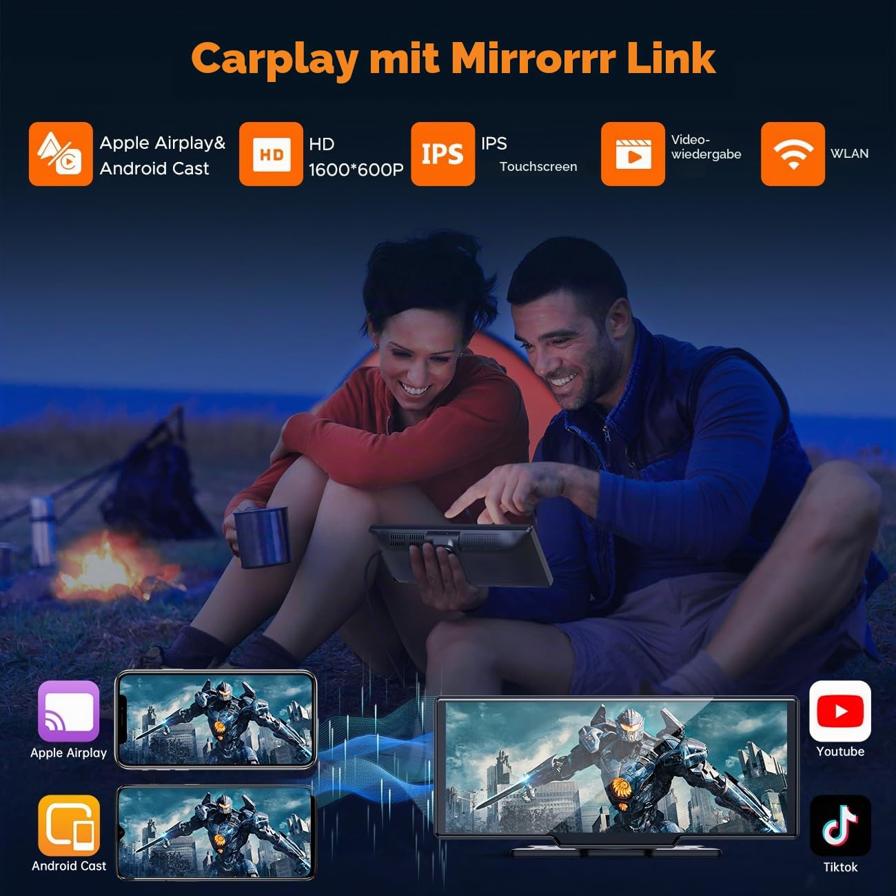 Volam 9.26 Zoll Carplay Display mit 2.5K Dashcam Auto Vorne,1080P Rückfahrkamera, Wireless A-pple Carplay Android Auto, Mirror Link, Navigation, G00gle,Siri, FM,AUX, Loop Recording, 64G SD-Karte