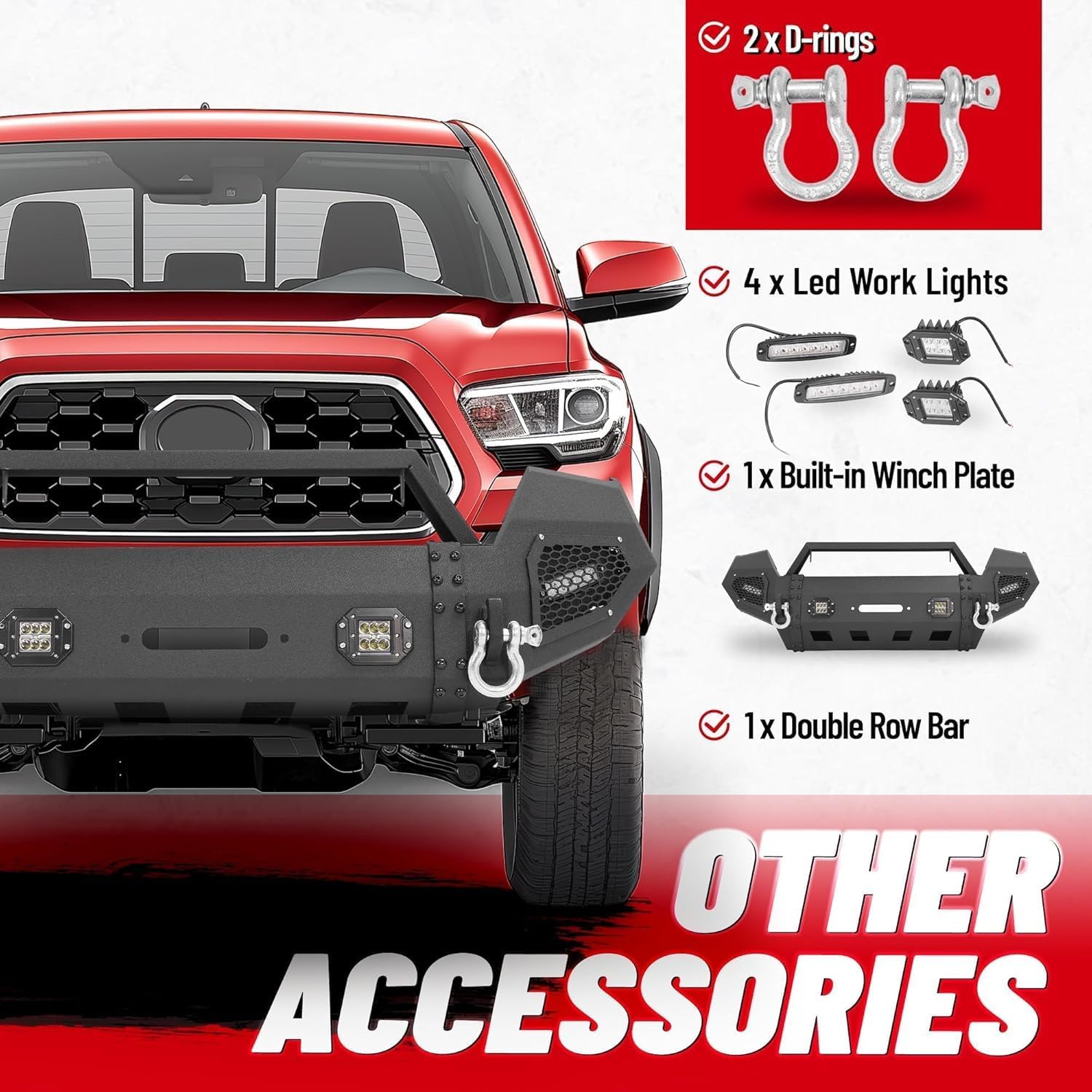 HECASA Front Bumper Assembly Compatible with 2016-2023 Toyota Tacoma 3rd Gen w/LED Light & D-ring & Winch Plate 3PCs Steel Powder Coated Black - 2Packages