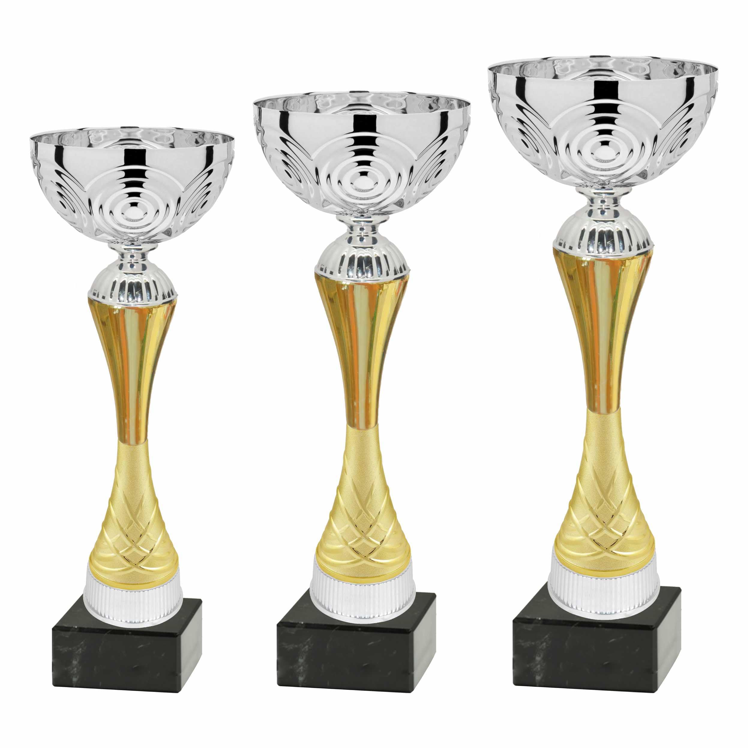 Generico Tris di Coppe Trofei tornei Sportivi, Campionati amatoriali, premi scolastici, Feste aziendali, Fantacalcio – 3 Premi con Base Marmo, Targa in Alluminio Personalizzabile