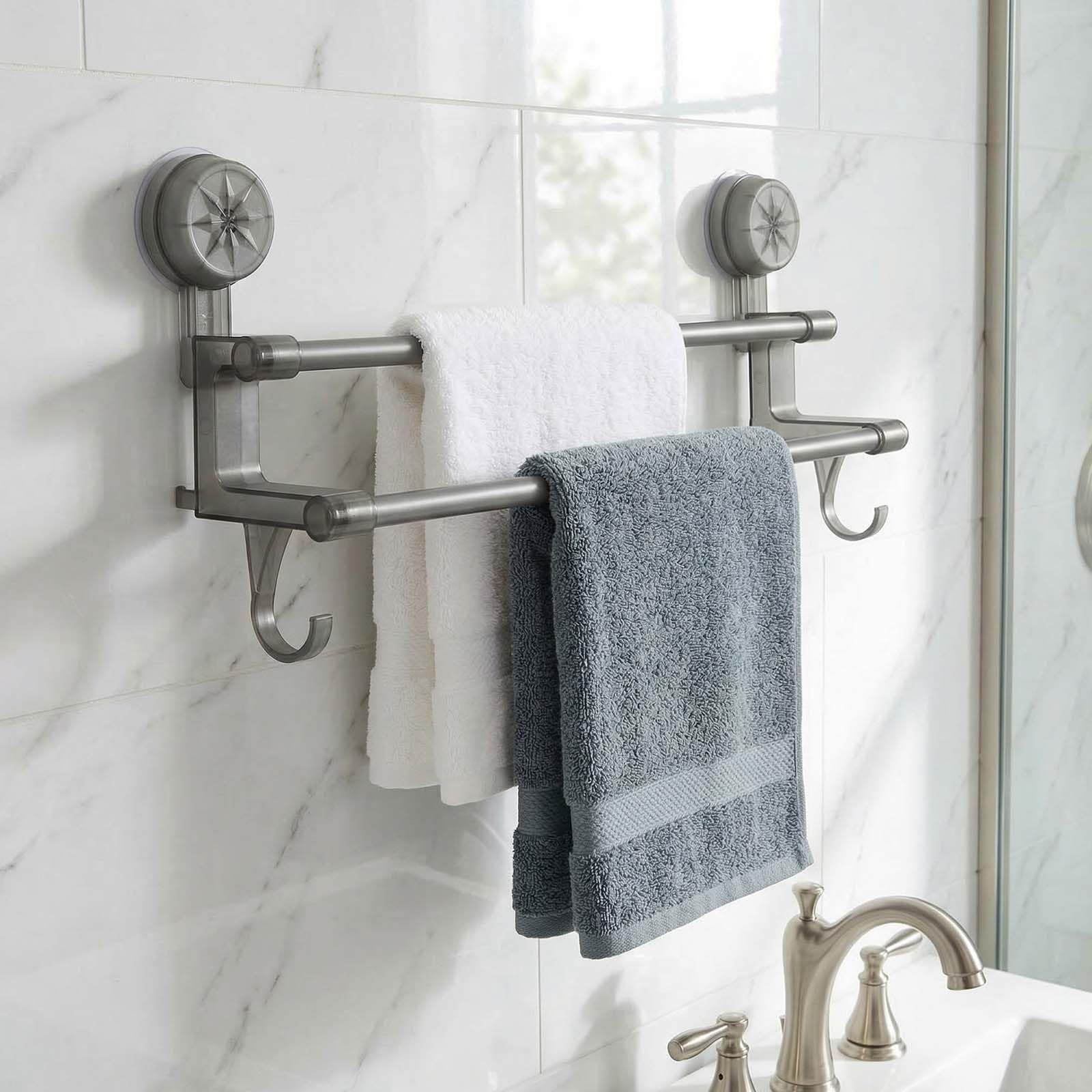 Porte-serviettes Double Extensible en Acier Inoxydable Gris, Barre de Serviette Télescopique 30-60cm pour Salle de Bain et Cuisine, Montage Mural Sans Perçage avec Ventouse, Étagère de Rangement Moder