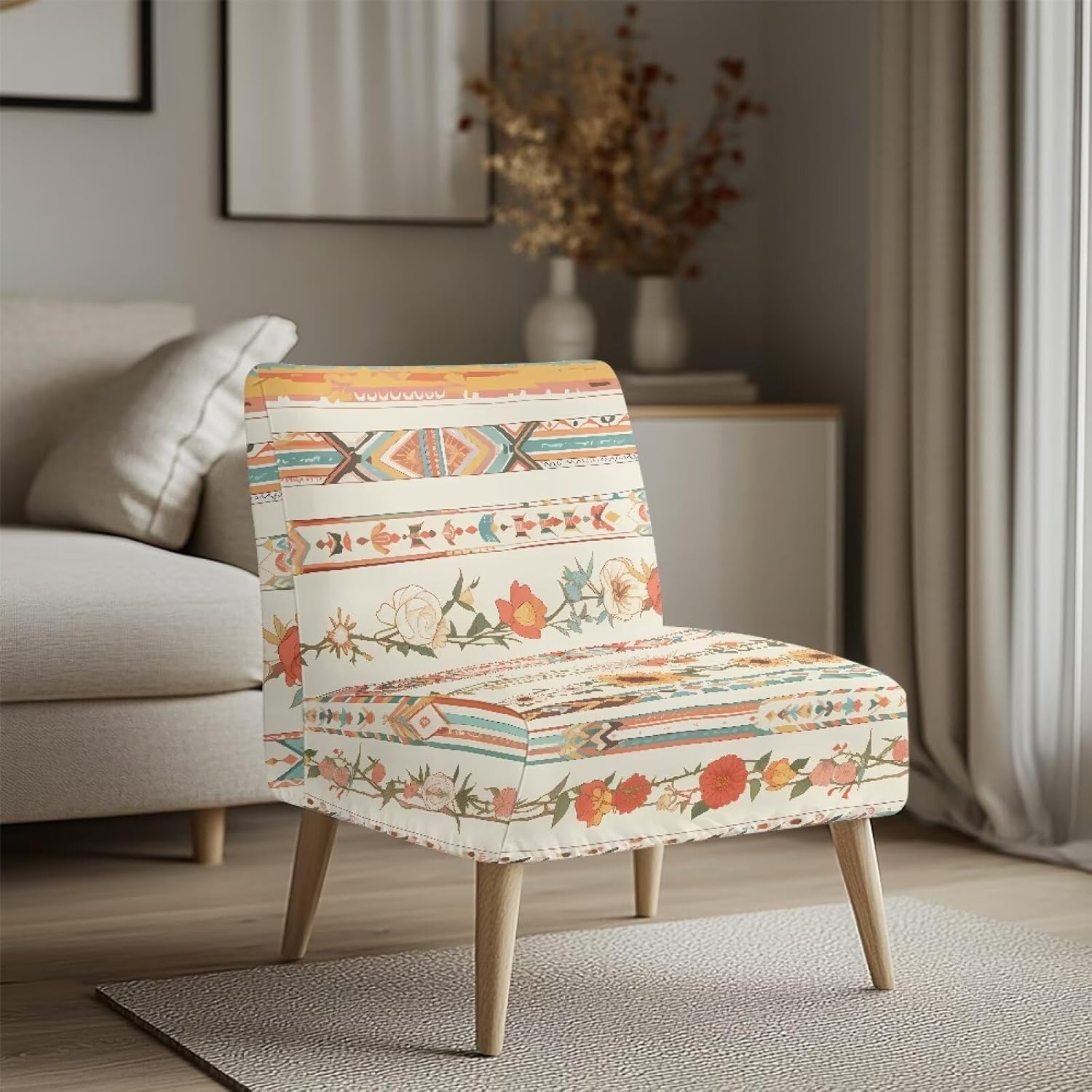 Merkmak Geometric Armless Accent Chair Slipcover Abstract Couch Chair Protective Cover Without Arms Stylish Single Sofa Couch Seat Slipcover for Living Dining Room Decorations