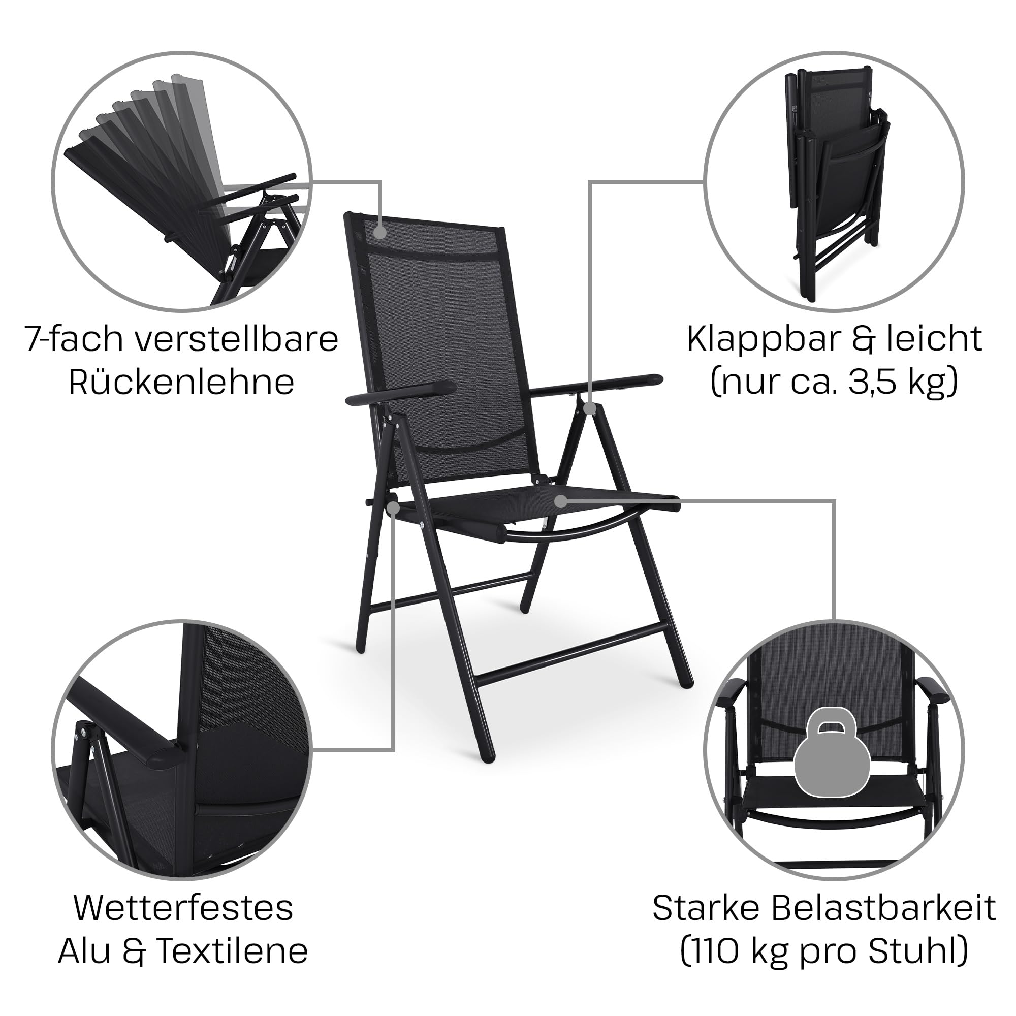Raburg Noah Gartenstuhl, 2er-Set, 7-Fach verstellbar, Schwarz, faltbar | klappbar, wetterfest, für Garten, Balkon und Terrasse
