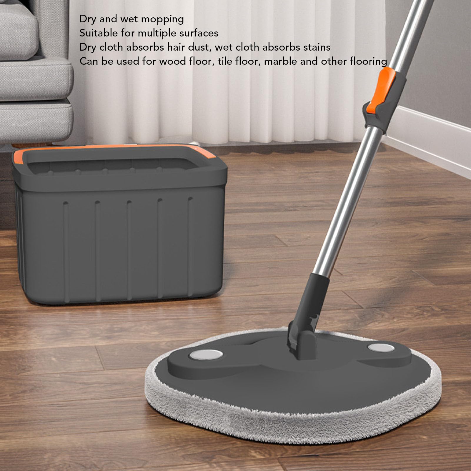 Set di secchio per mocio autostrizzante, sistema di pulizia efficiente per pavimenti in legno duro, piastrelle, marmo, lunghezza regolabile, con 6 panni