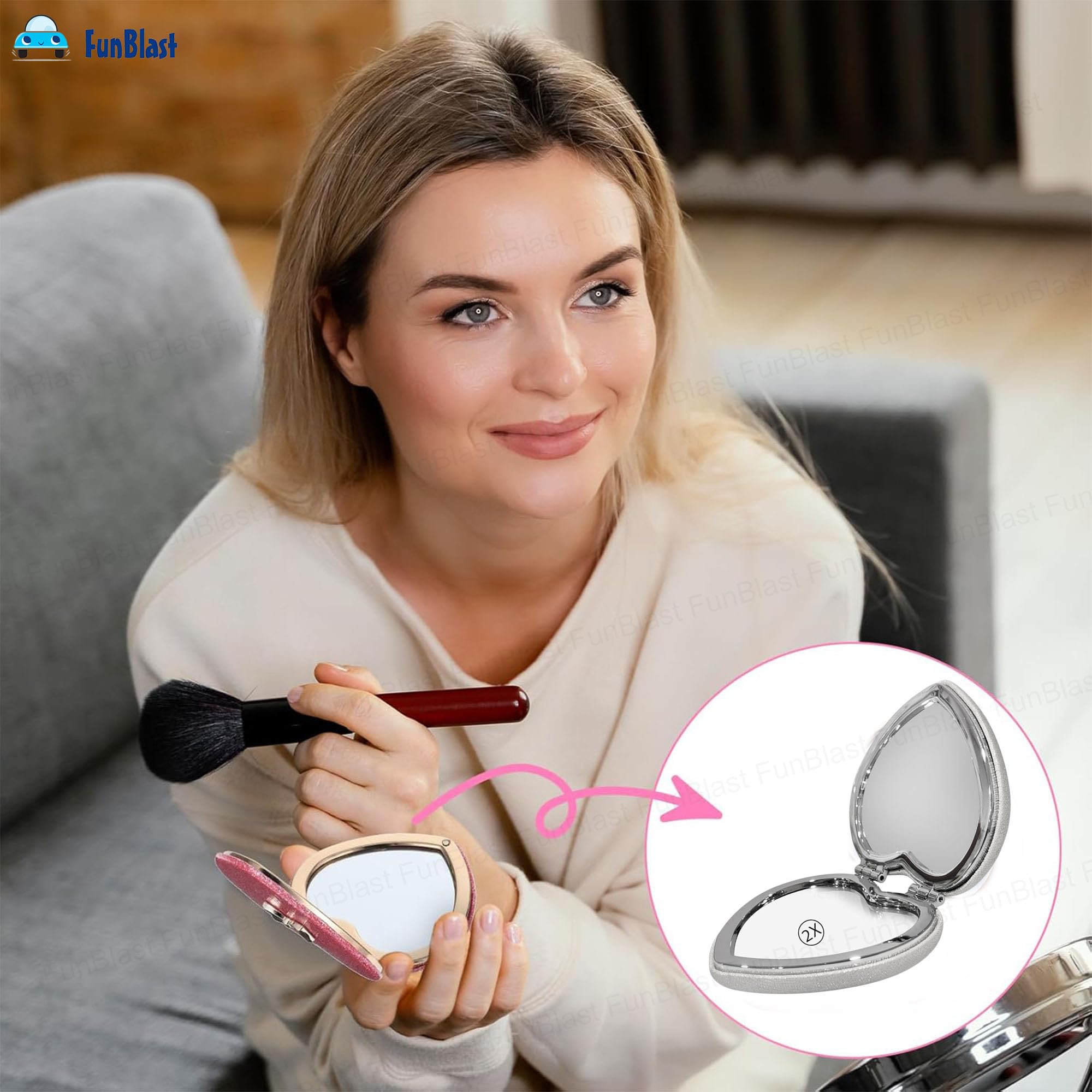 FunBlast Heart Shape Makeup Mirrors for Women, Aesthetic Mini Mirror, Portable Folding Double Sided Compact Mirror with 1X & 2X Magnification, Keychain Mirrors (Grey-Random) 4