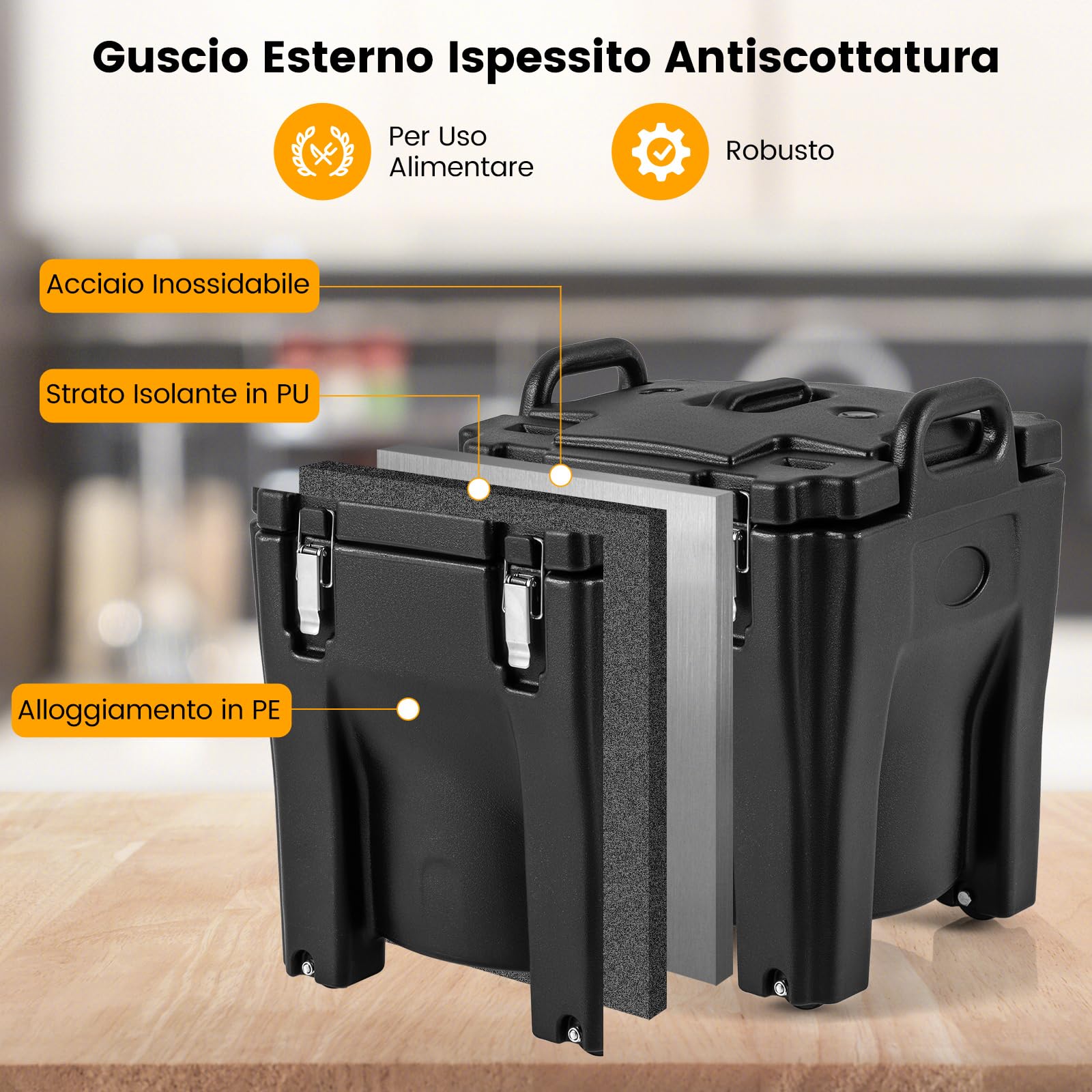 COSTWAY 30 L Contenitore Termico Portatile per cibi e bevande, contenitore per alimenti in Acciaio Inox con 2 Maniglie e 4 Ruote, Thermos per Alimenti per Catering Campeggio, Nero