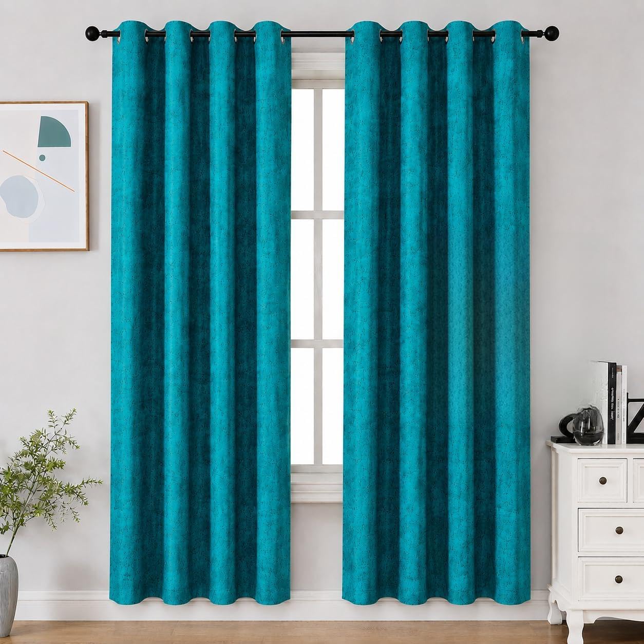 Cortina semi Sheer 2 Piece Solid Design Panel Eyelet Velvet Window Curtains - 5 Feet, Aqua | Solid design semi sheer velvet panels with eyelet, 5 feet length, aqua color, set of 2 panels-image-11