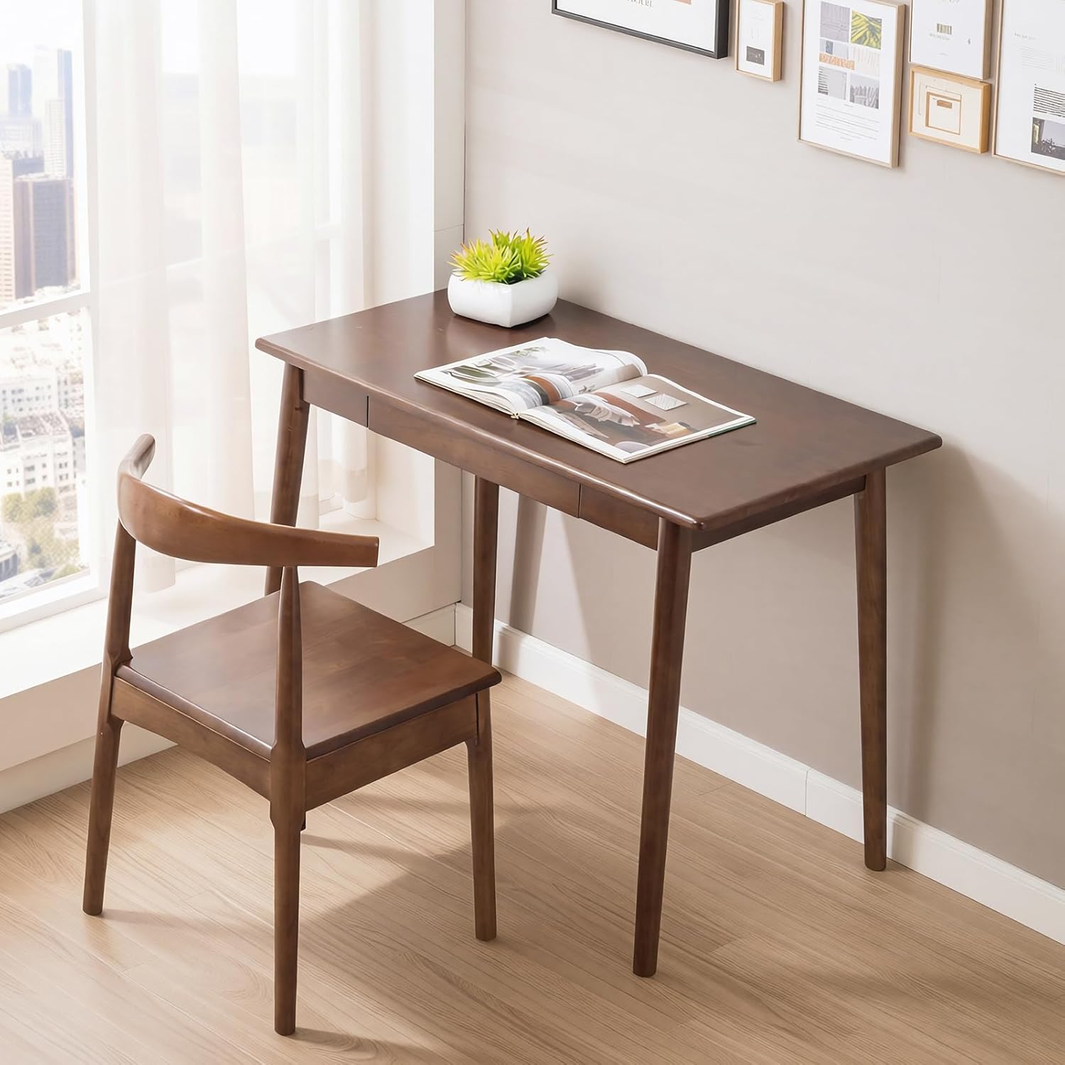 Solid Wood Desk with Drawers, Wooden Computer Desk for Home Office, Gaming Study Desk for Small Spaces, Writing Work Desk for Bedroom,Easy Assembly (Walnut Color 39.4 inch)