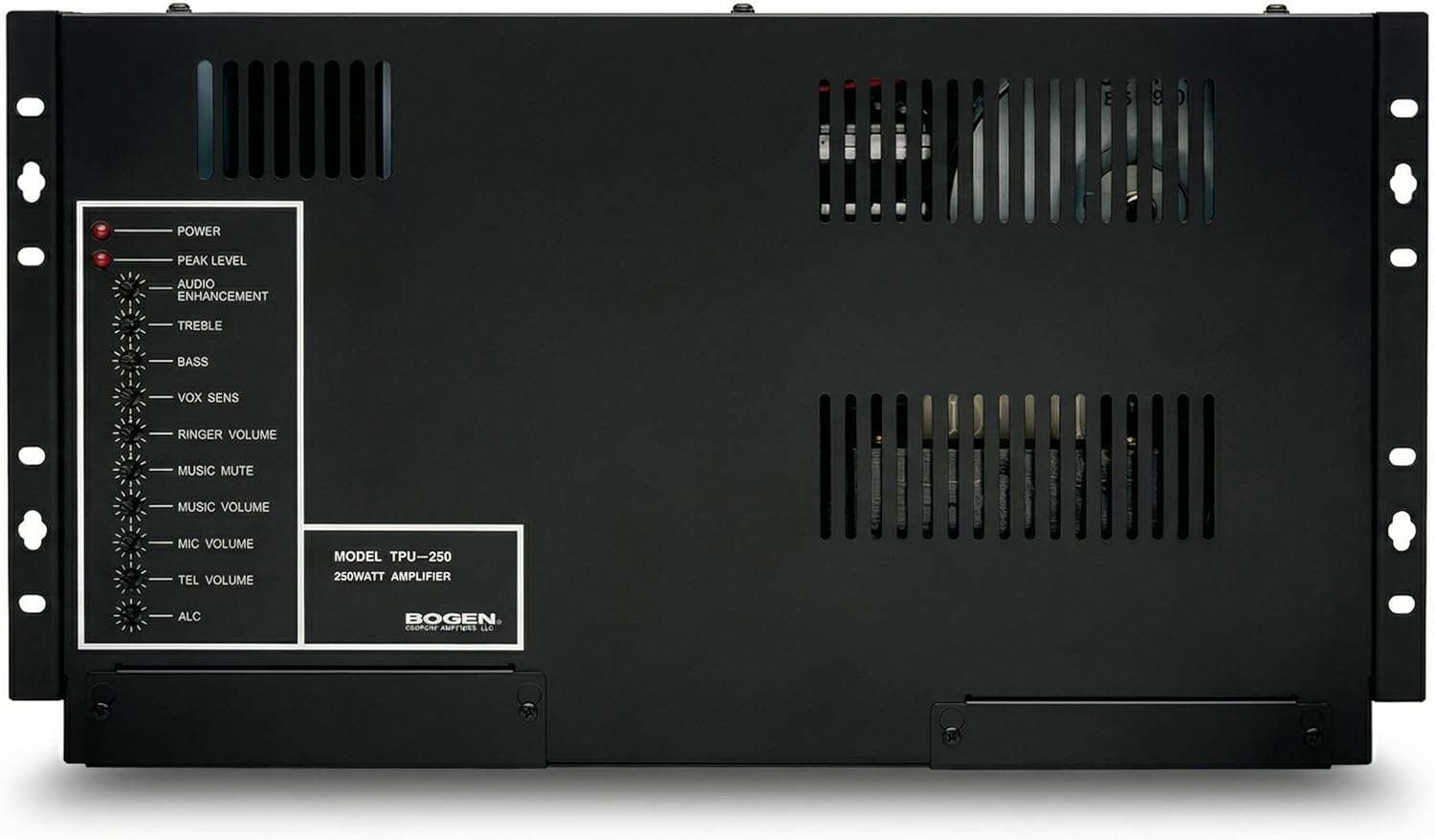 Bogen TPU250 250 Watt Telephone Paging Mixer Amplifier, 25V/70V Outputs, Wall Or Rack Mount, Night Ringer, Automatic Level Control, Audio Enhancement, Black