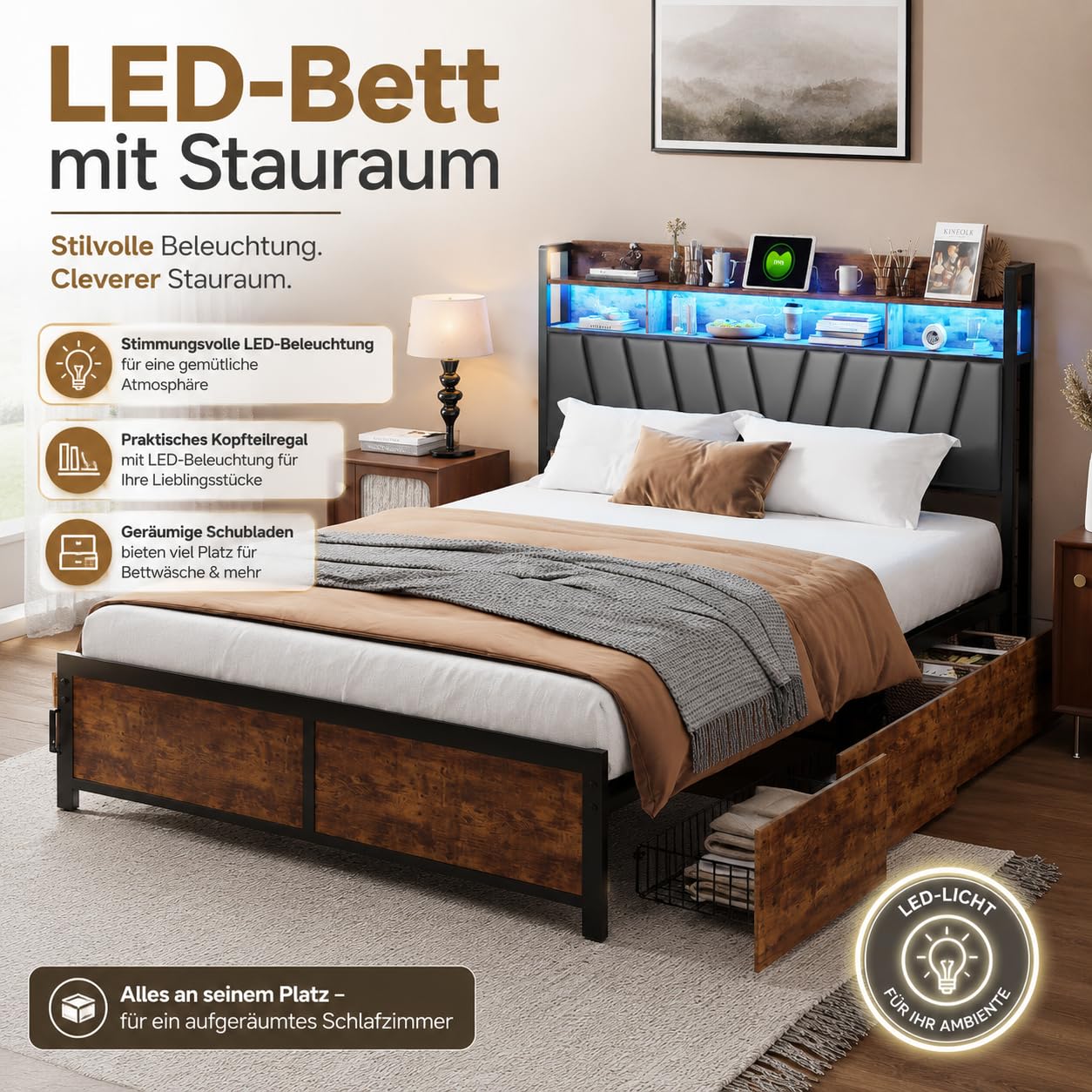 Łóżko podwójne 180 x 200 cm z USB, metalowa rama łóżka z stelażem i zagłówkiem, łóżko do sypialni w stylu vintage, brązowo-czarny, poliuretan, bez materaca (brązowe i