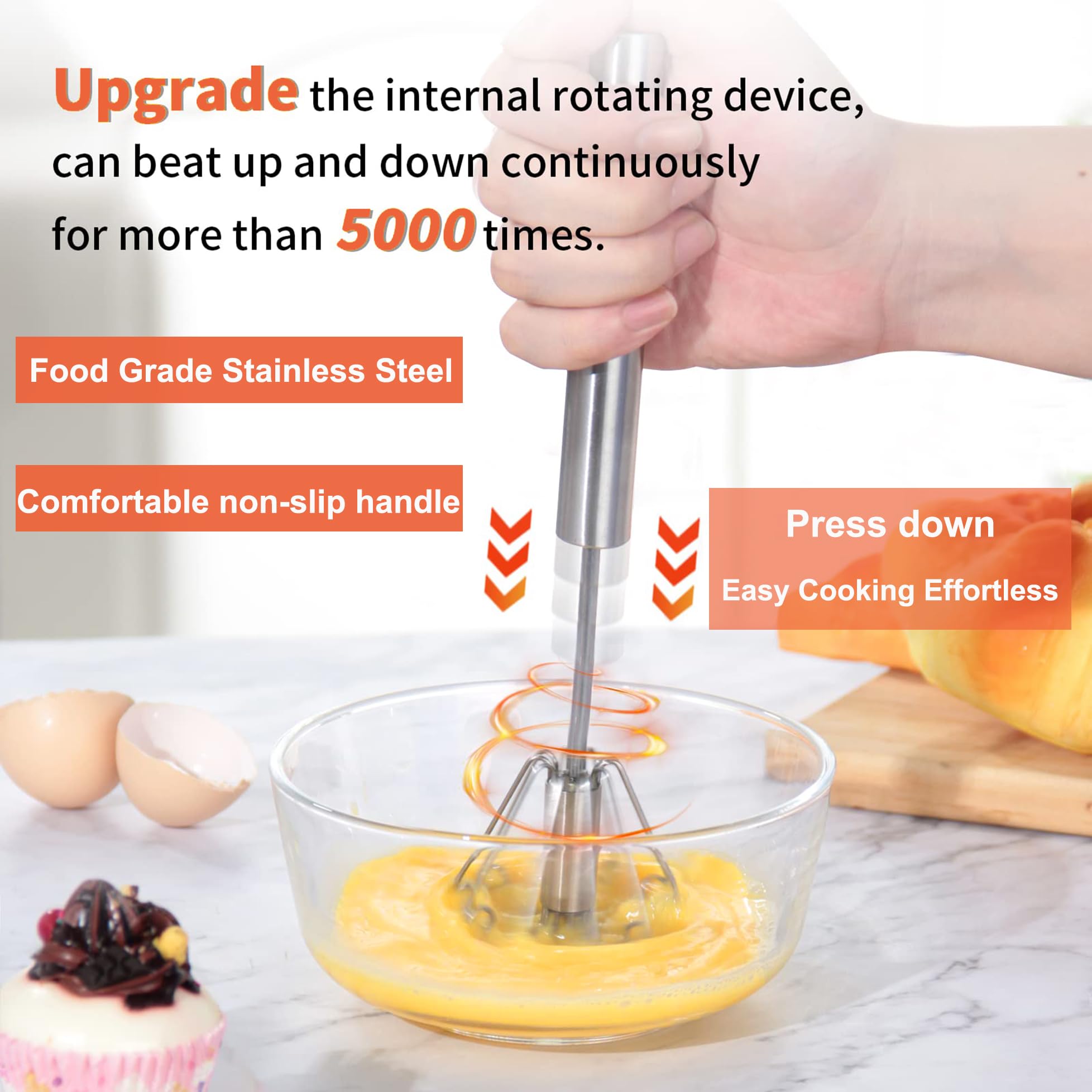 Egg Whisk Hand Push Whisk Blender, Stainless Steel Egg Beater Milk Frother Rotating Push Mixer Stirrer for Whisking Beating, Stirring - Image 2