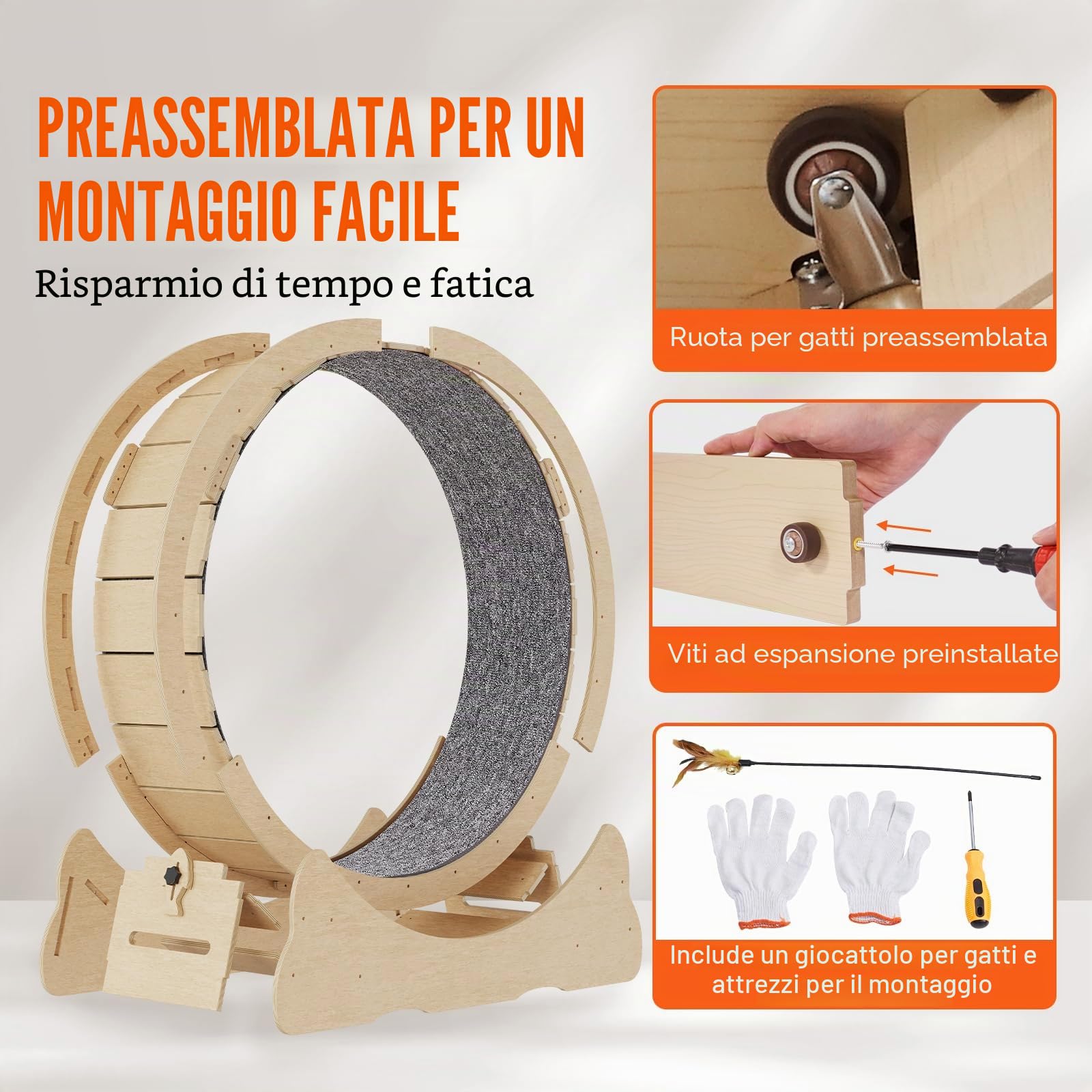 VEVOR Ruota per Esercizi per Gatti in Legno Compensato, Ruota per Tapis Roulant per Gatti 75 cm, Ruota per Corsa con Tappeto Staccabile e Teaser per Maggior Parte Gatti per Corsa Allenamento Interno