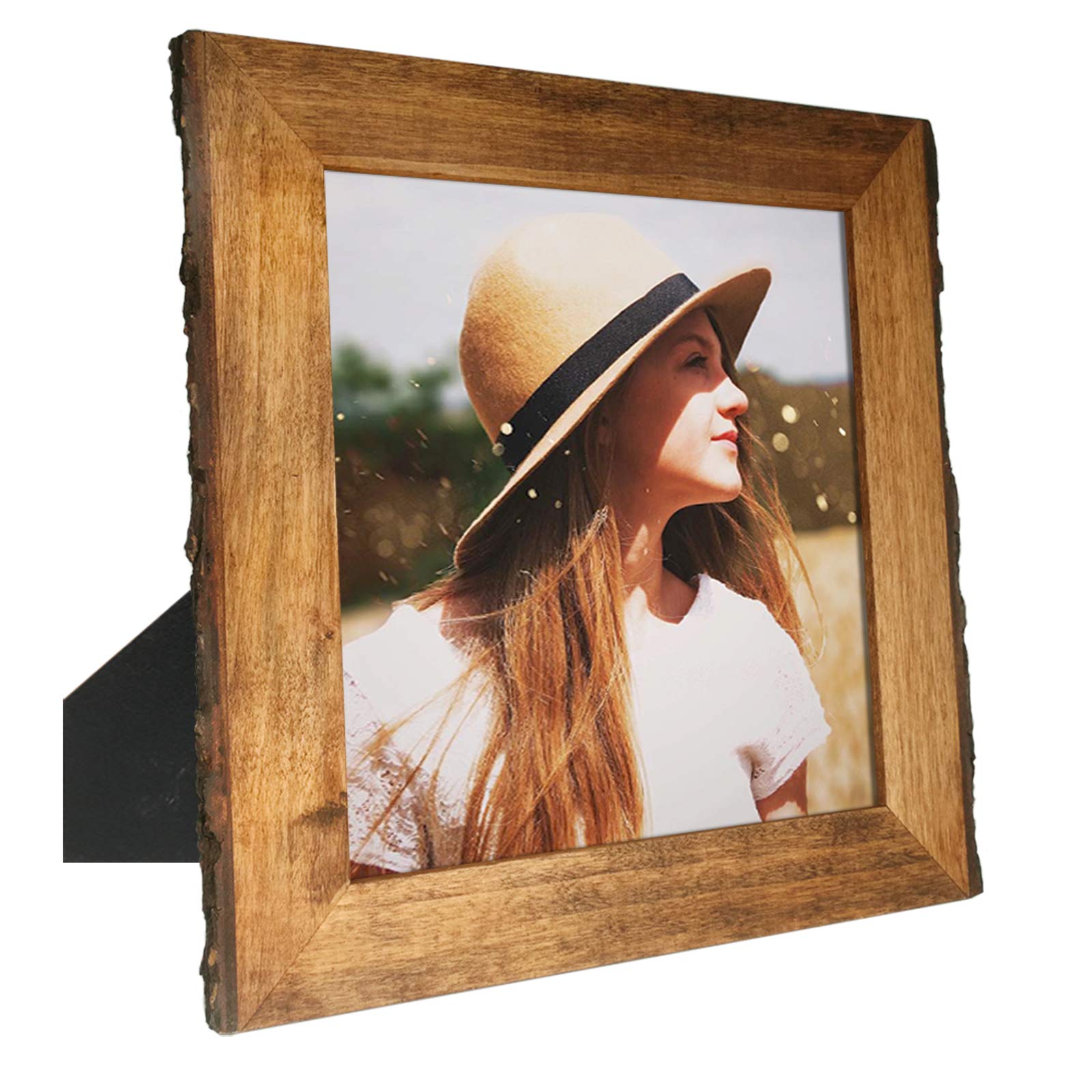 IKEREE 8x8 Picture Frames with Bark Edges, Rustic Wood Photo Frame for Tabletop or Wall Display, Natural Brown