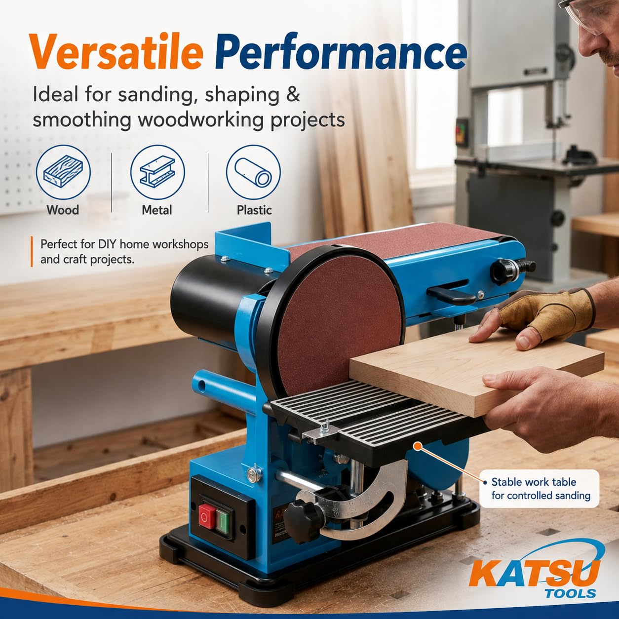 KATSU Tools Correa de banco y lijadora de disco de 350 W, disco de 150 mm, cinta de lijado de 100 x 914 mm, mesa ajustable y extracción de polvo, ideal para madera, metal, plástico, modelo 100199