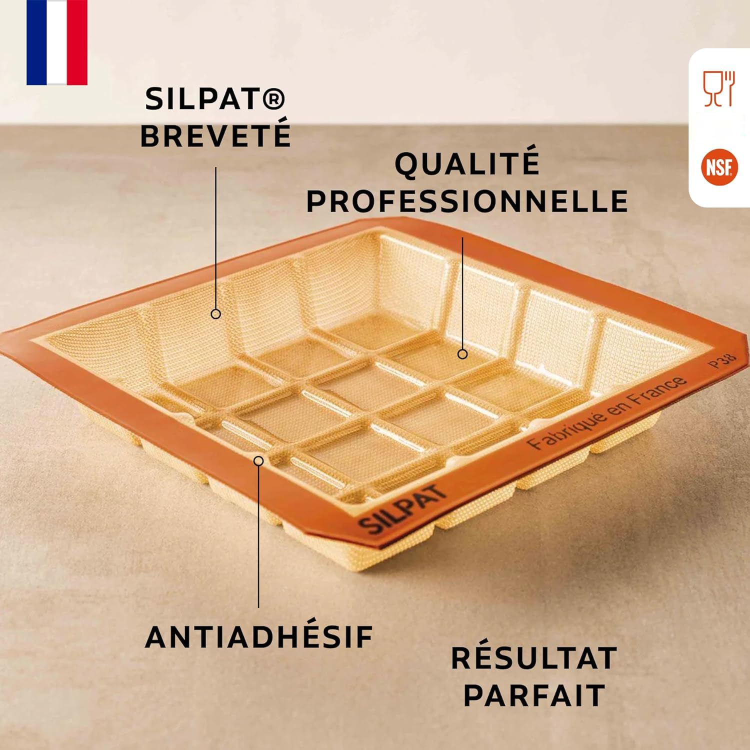 Silpat Moule Tablette Carré – Brownie, Gateau, Pain, Chocolat - 16 Portions - Plat Cuisson Four Silicone Antiadhésif - Accessoire Cuisine, Patisserie - Haute Qualité, Résistant - Démoulage Facile