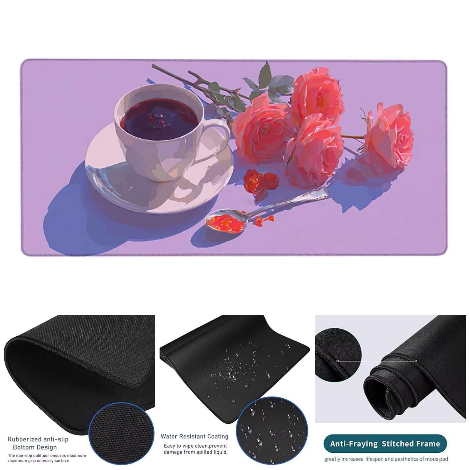 Różowa podkładka pod mysz 1500 x 800 x 3 mm duża podkładka pod mysz XXL kwiat pod ręką gracz na biurko, szyte krawędzie, antypoślizgowa gumowa podkładka pod mysz do komputera, komputera, dekoracji