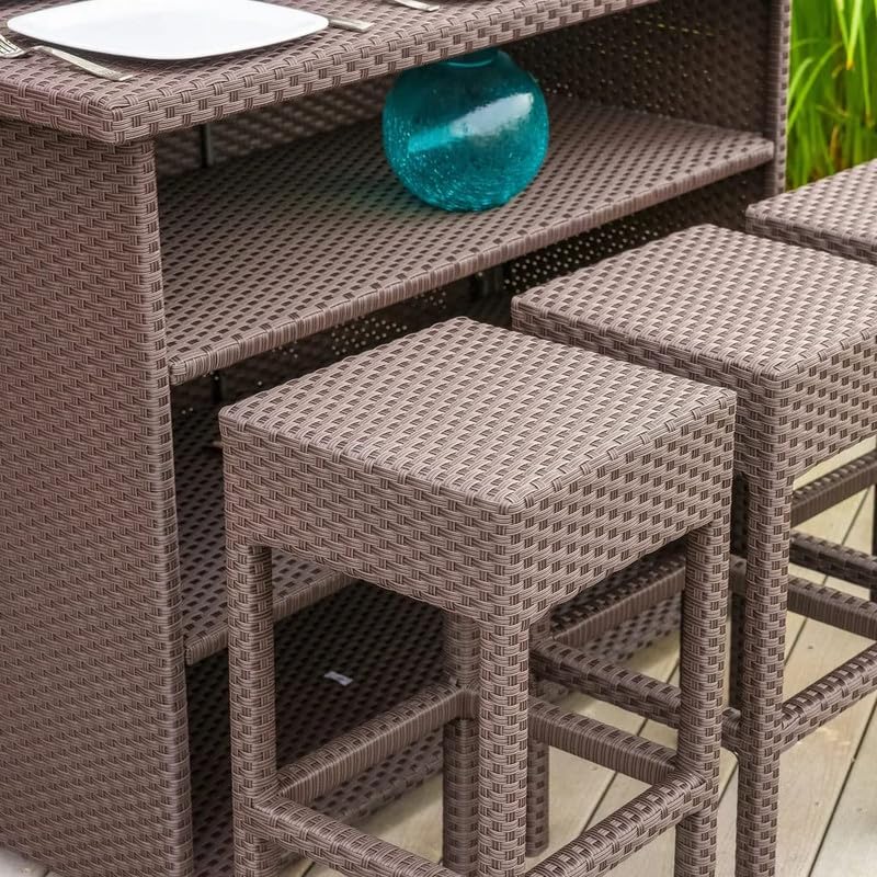 Image of OUTLIVING Patio Rattan Wicker 6 Seater Bar Set With Storage Table and 6 Bar Stools | Multipurpose Outdoor High Bar Furniture for Porch, Home, Garden, Balcony, Backyard, Poolside, and Courtyard (Brown)