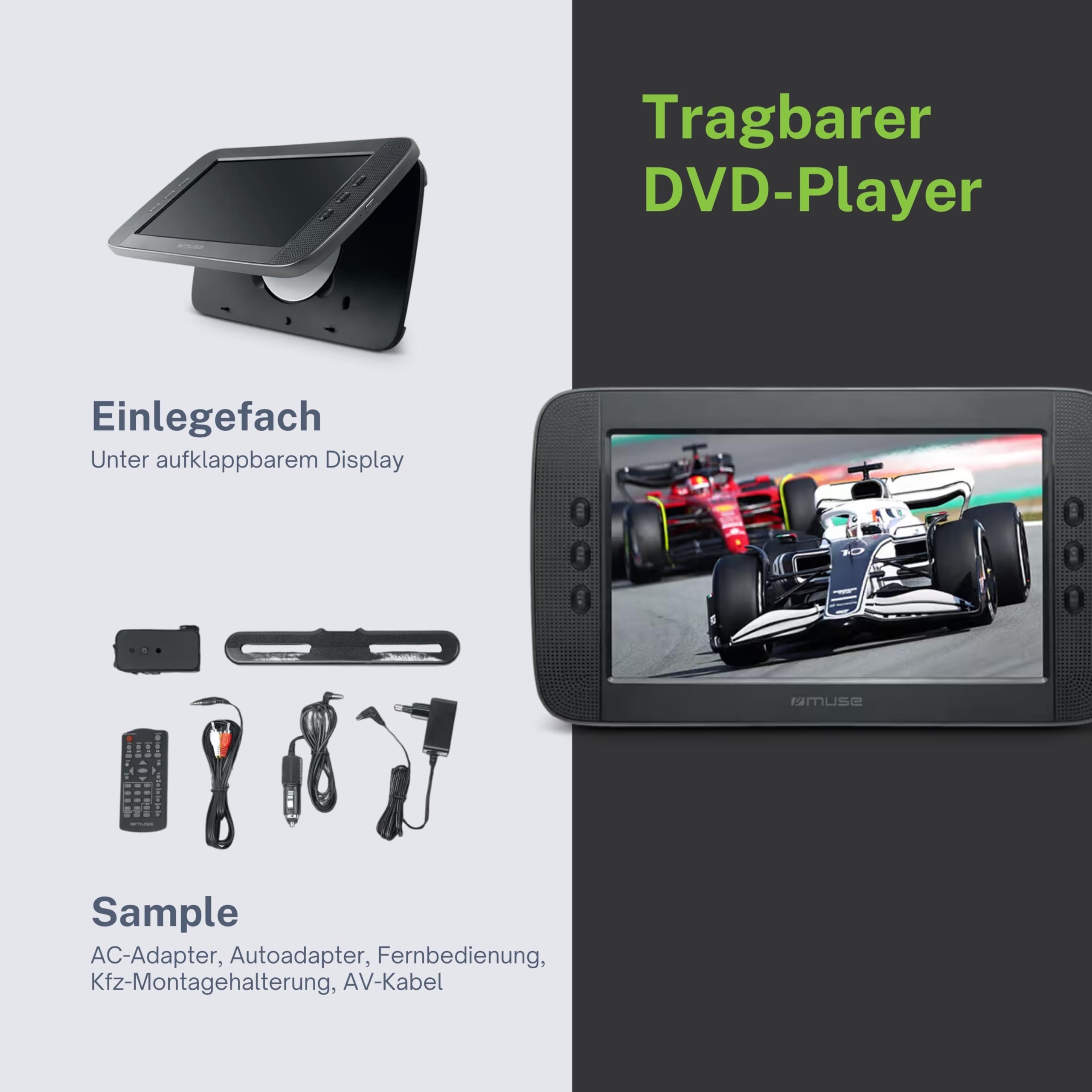 Muse M-1028CVB. Reproductor de DVD Portatil de Pantalla Grande, soporta DVD, DVD-R/RW, CD, CD-R/RW. Compatible con MP3. JPEG y Xvid. Pantalla de 10,1 “ TFT LCD, con Control de Brillo.