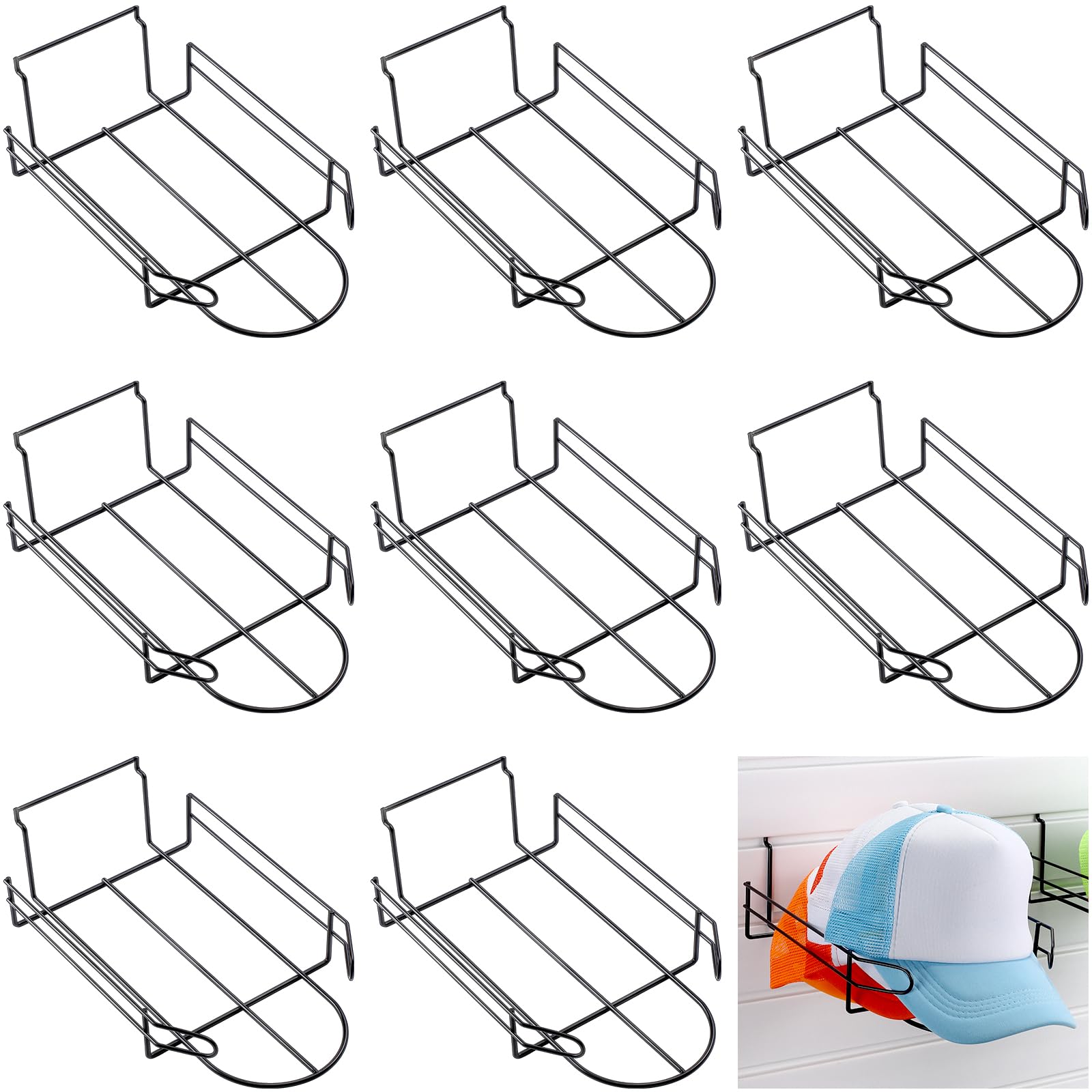Blulu 8 Pcs Wire Hat Display for Slat Wall Black Baseball Hat Display Rack Slatwall Accessories Retail Display Shelves for Bedroom Store Merchandise Office Wall Door Closet Hats Organizer