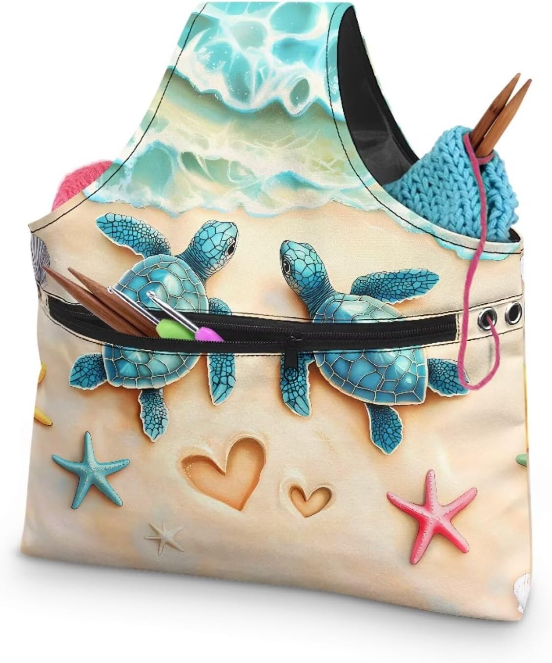 ASQVTIFE Sea Turtles Yarn Bags for Crocheting with Holes Starfish Knitting Large Crochet Tote Bag Travel Yarn Tote for Crochet Accessories Easily Organizes Your Yarn Store Skein Ball