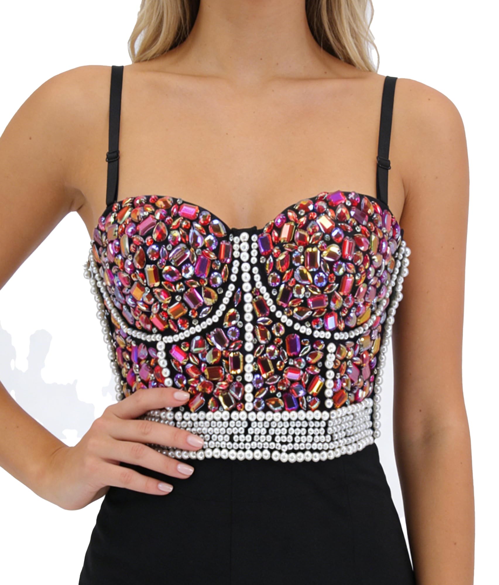 BSLINGERIE® Madonna Style Metallic Studs Bustier Bra Corset Top, Red Crystal, Large