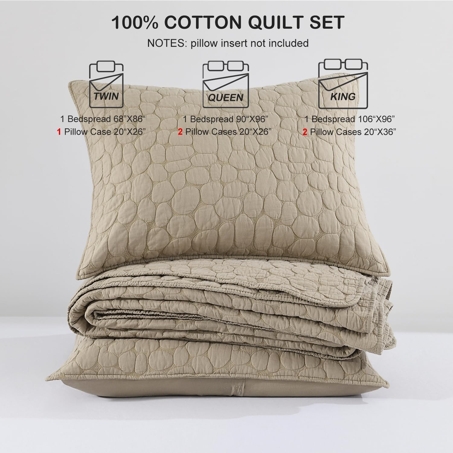 HORIMOTE HOME 100% Cotton Quilt Set Queen Size, Dark Beige Pre-Washed Bedspreads Coverlet Set with Cobblestone Pattern, Cozy Lightweight Stitching Decorative Bedding Cover for All Seasons - Image 6