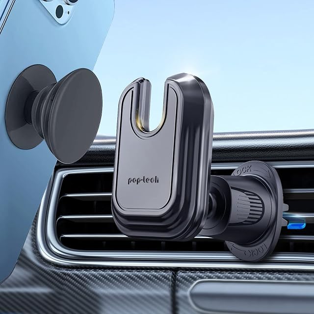 Pop-tech Support de téléphone d'évent de voiture pour poignée de chaussettes, Air Support de téléphone à clips d'évent compatible avec le Wallet Magsafe noir & iPhone Porte-cartes Samsung, Support de téléphone cellulaire avec adhésif collant