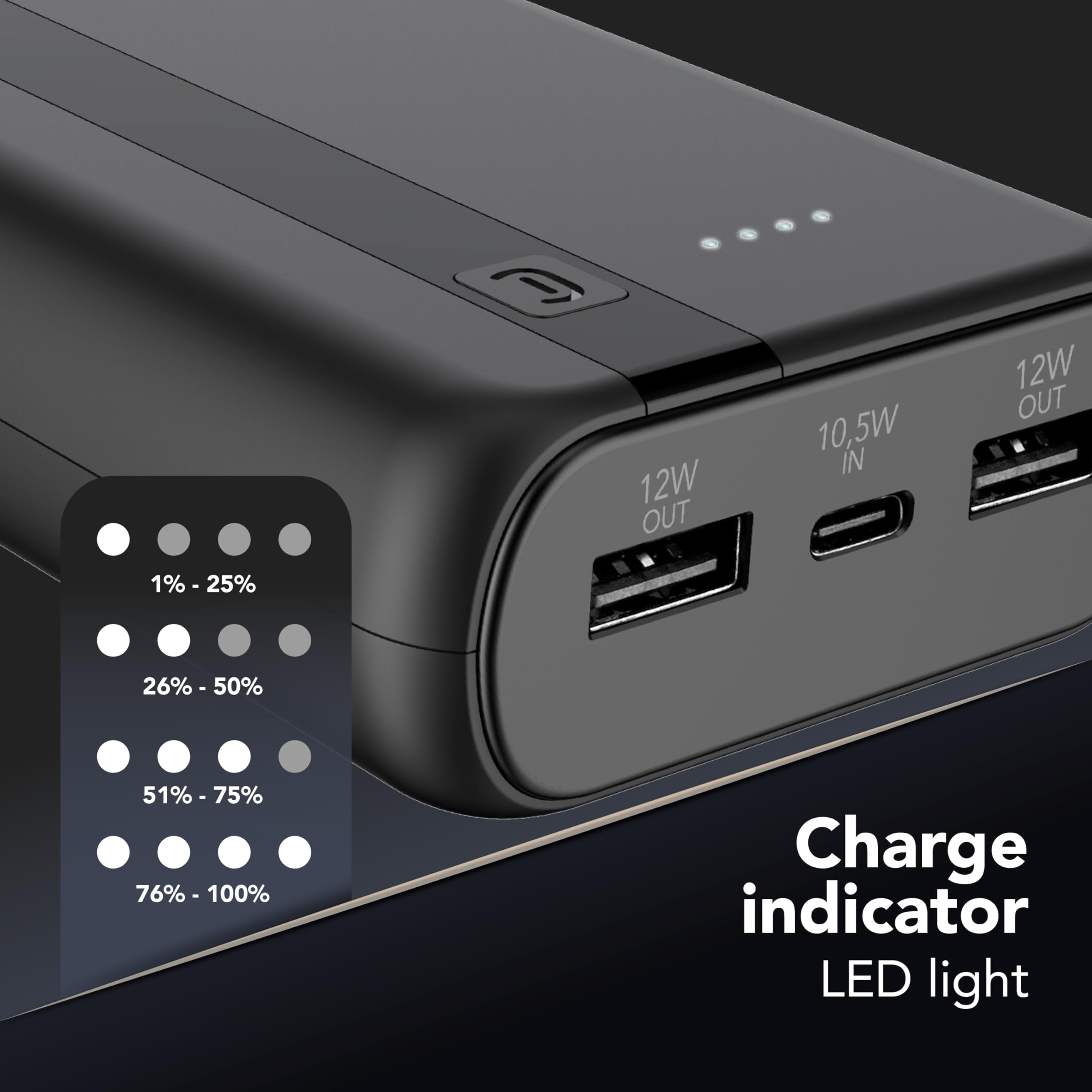 Cellularline - Power Bank 20000 - Capacità: 20000mAh - Input: 1xUSB-C 10.5W - Output: 1xUSB 12W - Celle: Li-ion Battery - LED luminosi indicano carica residua - Nero