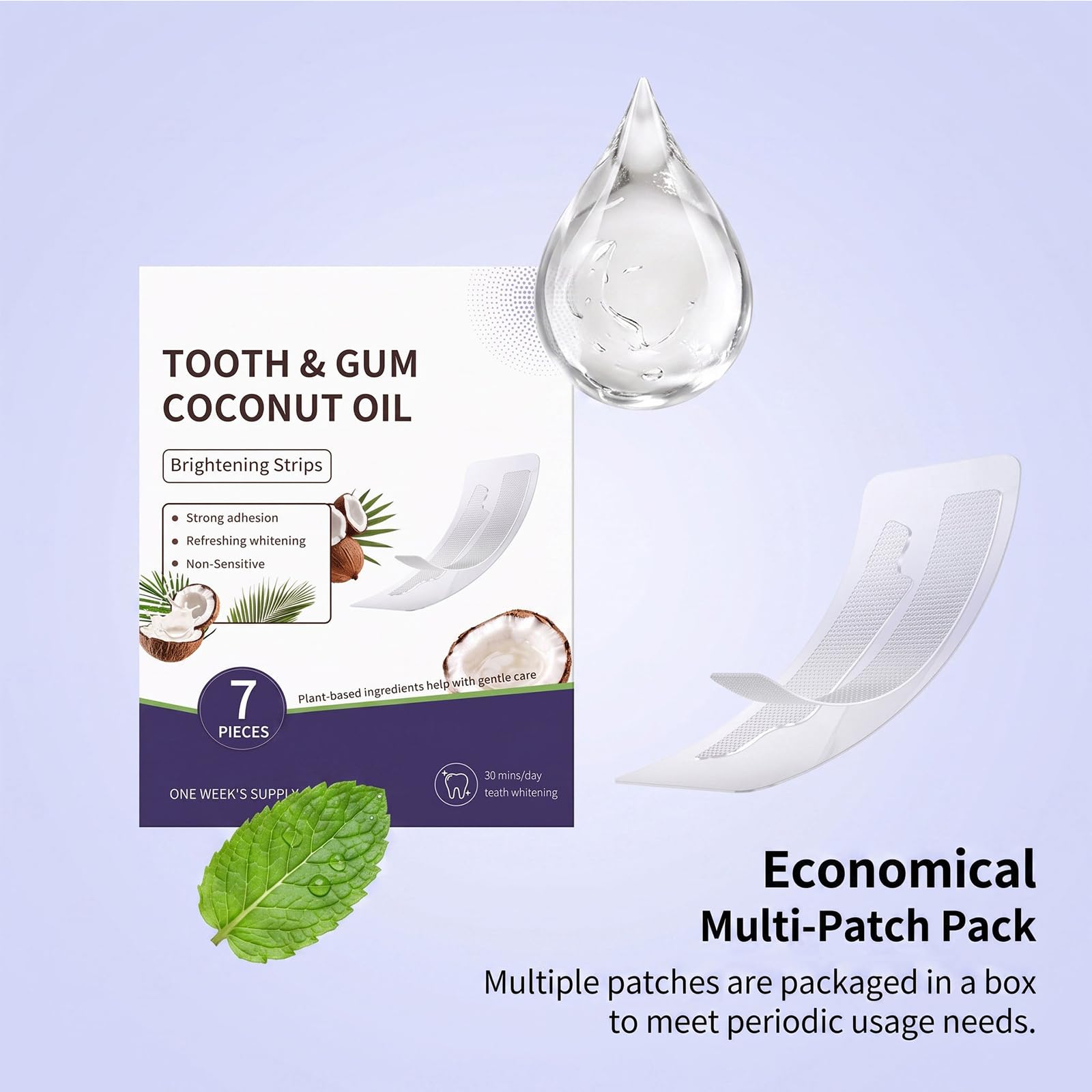Strisce sbiancanti per denti all'olio di cocco con menta piperita, formula delicata sensibile per la rimozione delle macchie, sbiancante per macchie di fumo di caffè, tè e vino, strisce (10pcs)