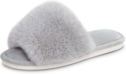 PARLOVABLE Women's Fuzzy Faux Fur Slippers Flat Spa Slide Fluffy Open Toe House Shoes Indoor Outdoor Slip on Memory Foam S...