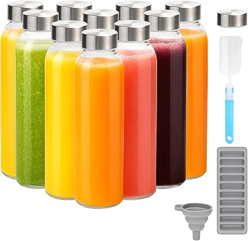 Zukro Botellas de jugo de vidrio con tapas para jugo de 18 onzas, botellas de agua reutilizables de vidrio transparente con tapa hermética de acero
